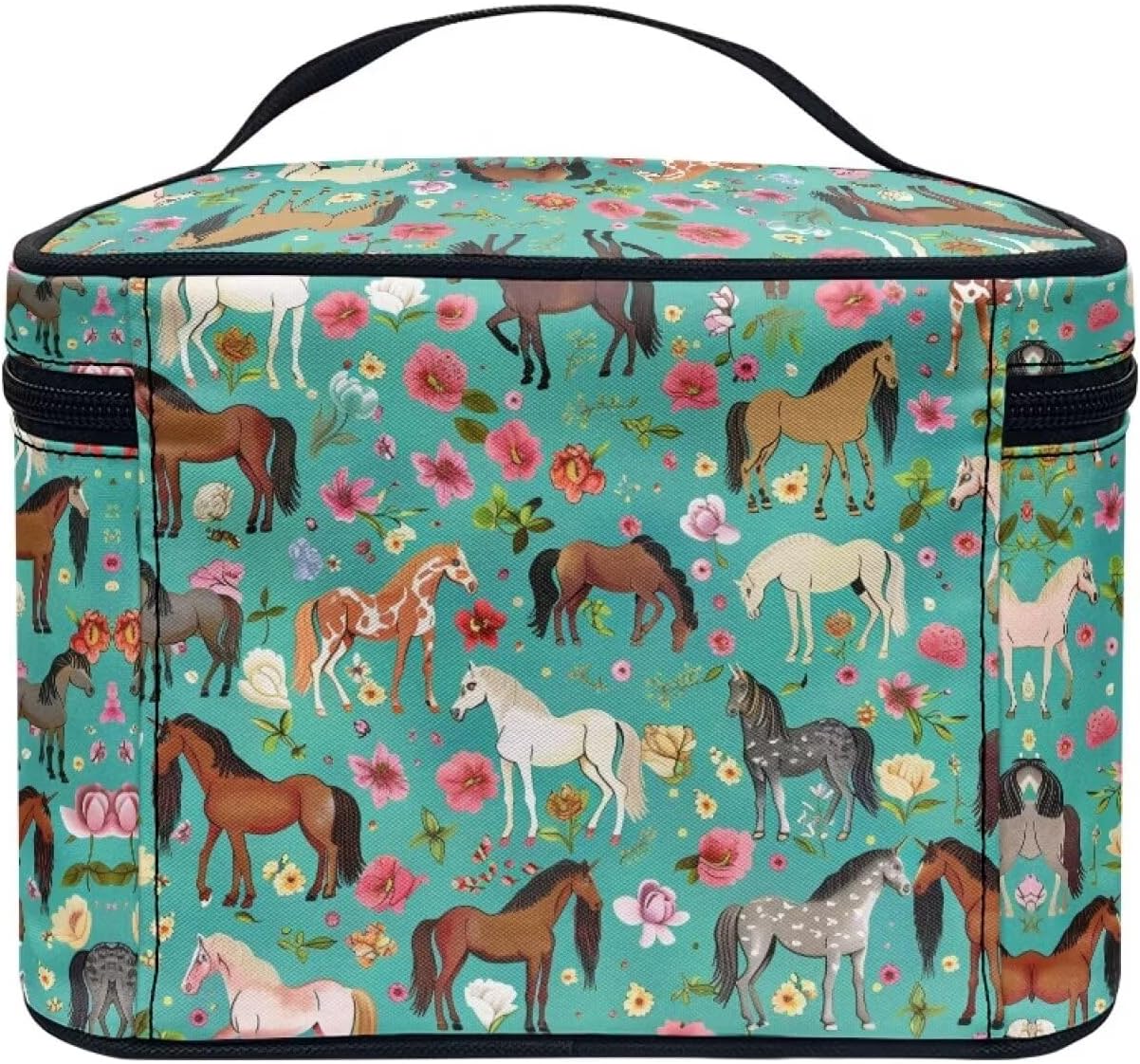 Flashideas Green Shredded Horse Cosmetic Pouch Cosmetic Organizer Storage Case Makeup Organizer Bag for Travel Easy to Take with Handle for Jewelry, Lipstick, Cosmetic Box