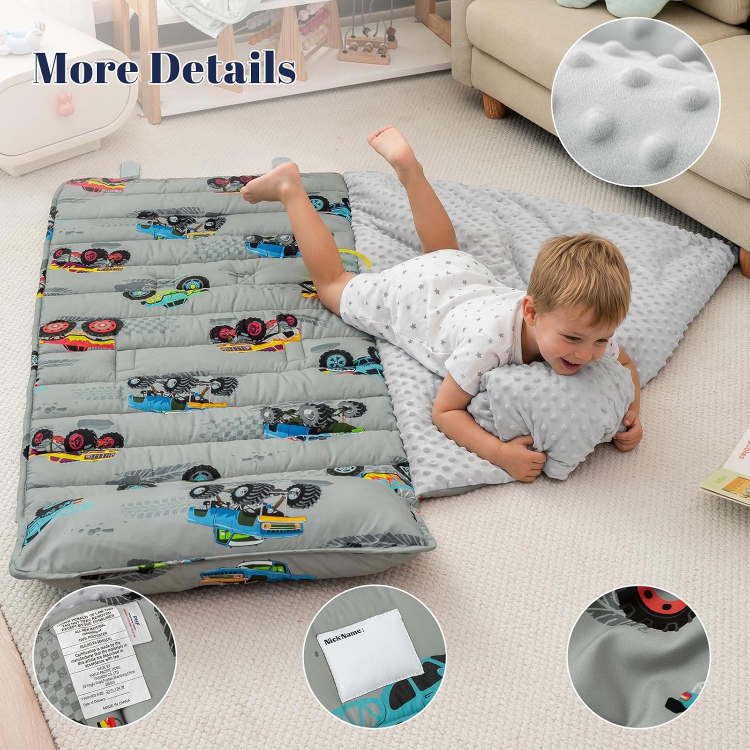 PHF Toddler Nap Mat with Removable Pillow and Minky Blanket, Rollup Design Kids Sleeping Mat, Slumber Bags for Boys, 55"x23" Toddler Sleeping Bag for Daycare Preschool Travel Camping, Truck Cars