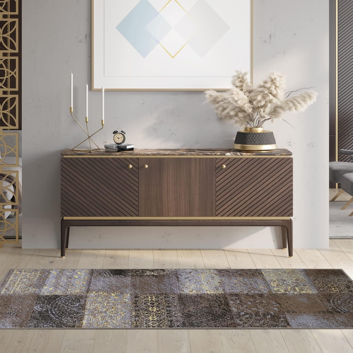 BNM Washable Large Area Rug, Nylon Home Floor Decor for Kitchen, Office, Bedroom, Living/Dining Room, Entryway, Unique Space, Patchwork Vines Indoor Area Rug, 5' x 8', Brown