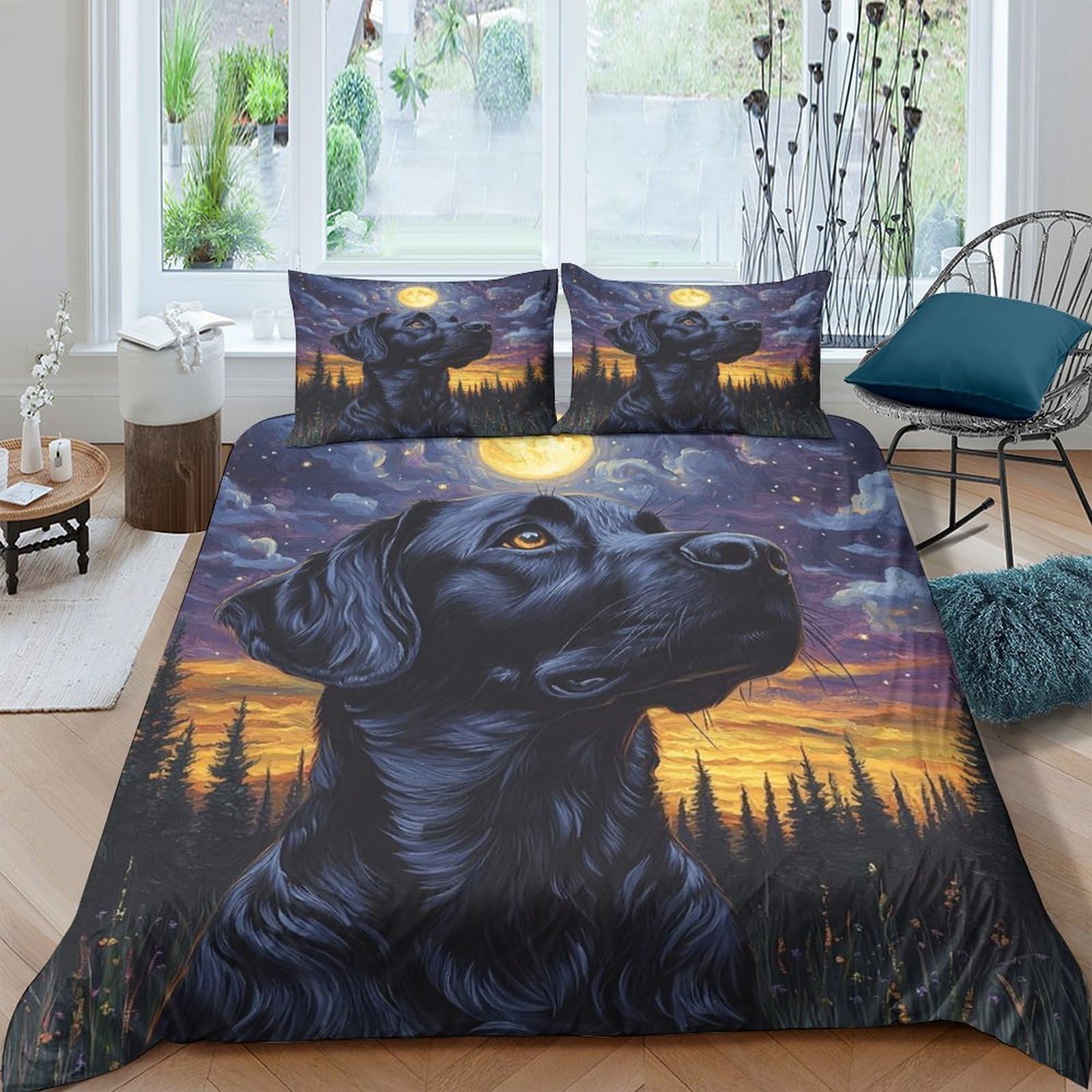 Ctjqhvkz Style-7 3D Printed Black Dog Sunset Fitted Sheet Microfiber Soft Breathable Forest Bed Cover For Bedroom Dorm Decor Single（135X200cm）