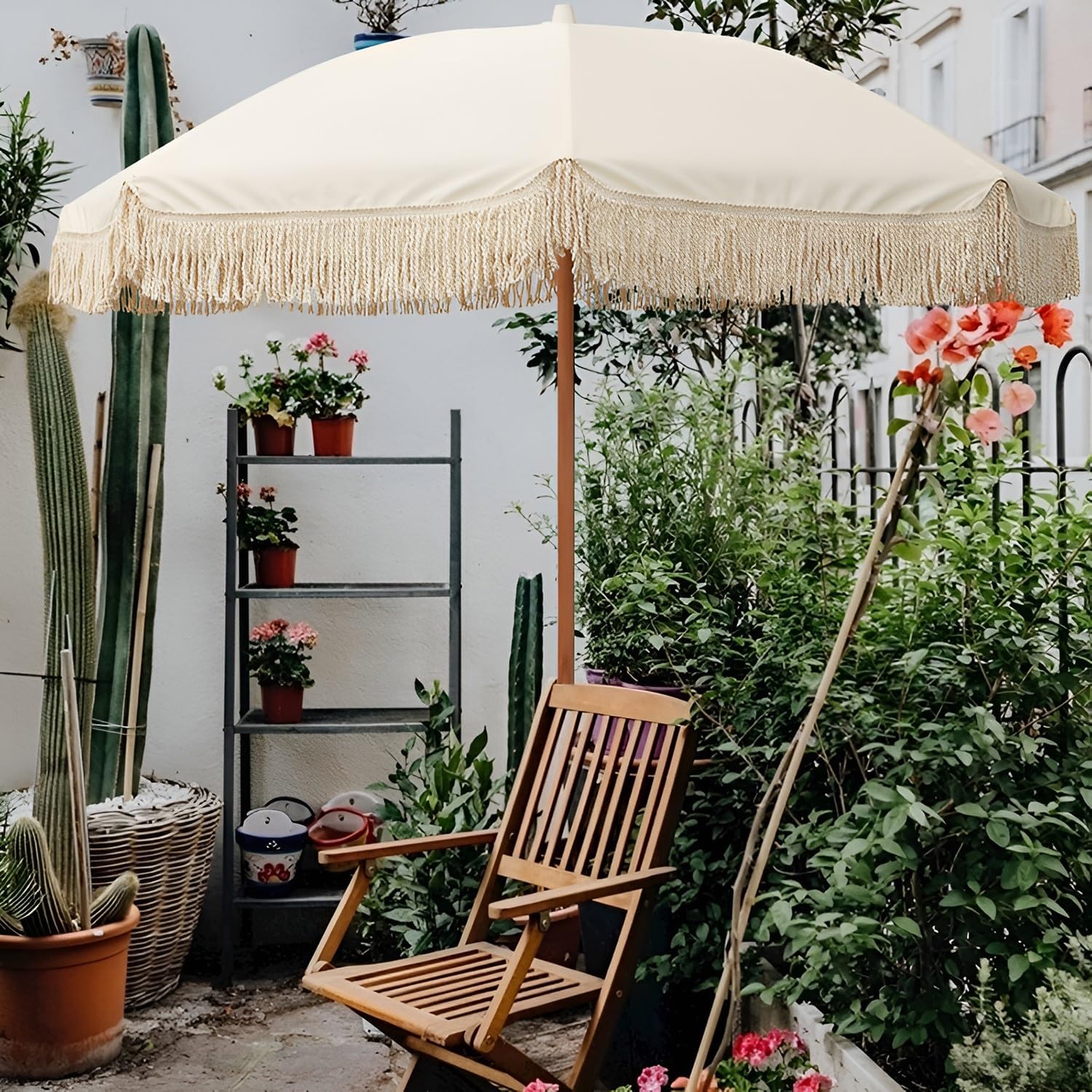 2.0m Parasol De Terrasse, Parasol De Plage Bohème En Bois Avec Ancrage, UV 50+, Baleines En Fibre De Verre, Blanc