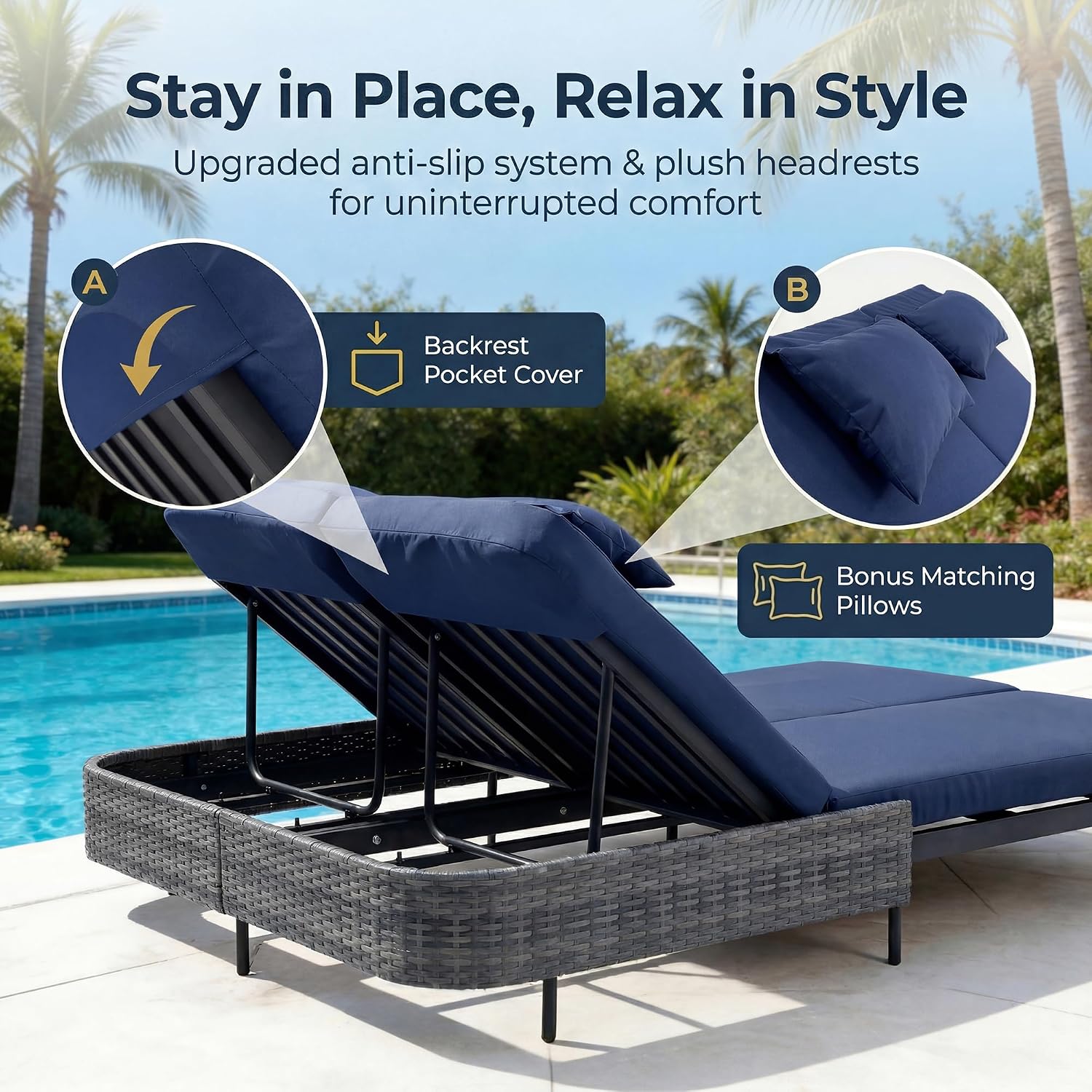 FINCATI Outdoor Double Chaise Lounge, 51.2" Wide 2-Person Pool Lounge Chairs with Dual Adjustable Backrests, Wicker Patio Daybed with Thick Cushions, 800 lbs Capacity Sunbed for Backyard, Navy Blue