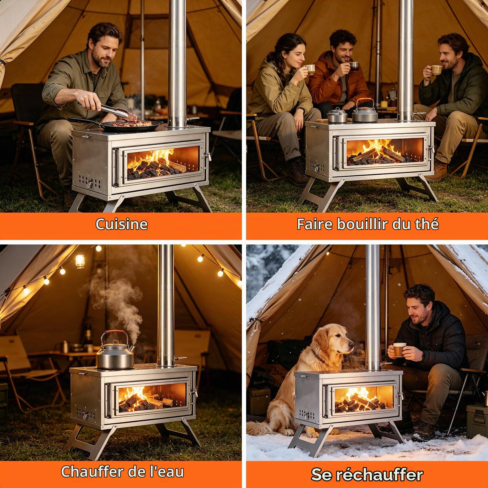 Camp Feuer Four de tente en acier inoxydable avec cheminée, poêle à bois portable avec sac de transport et grille à cendres, réchaud à bois résistant aux hautes températures pour le camping dans la