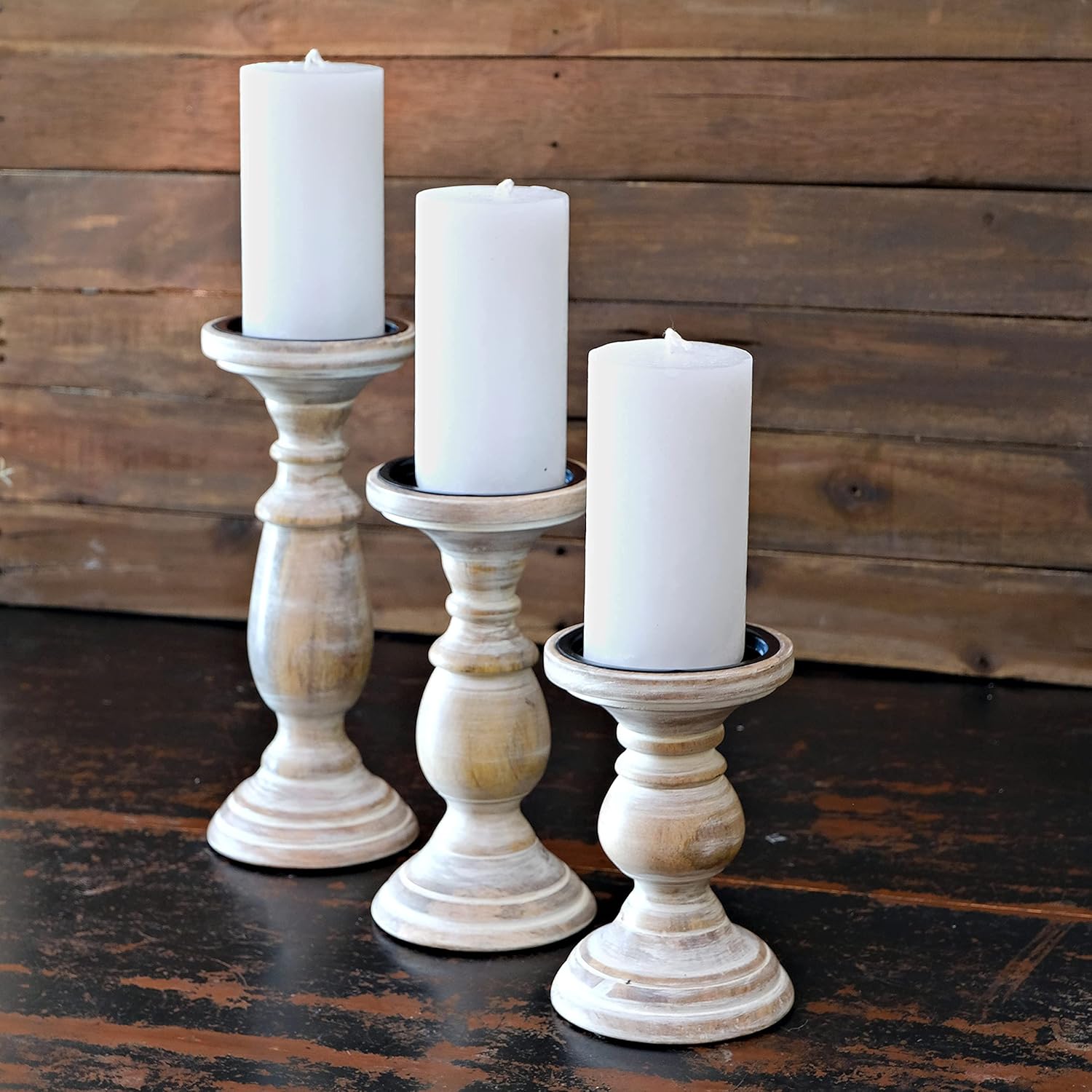 Sets of 3 Candle Holders For Pillar Candles, Wood Pillar Candle Holders for Table Accent, Pillar Candle Holders Set Of 3 for Pillar Candles And Flameless Led Candles, Tall Candle Sticks Wood Farmhouse : Home & Kitchen