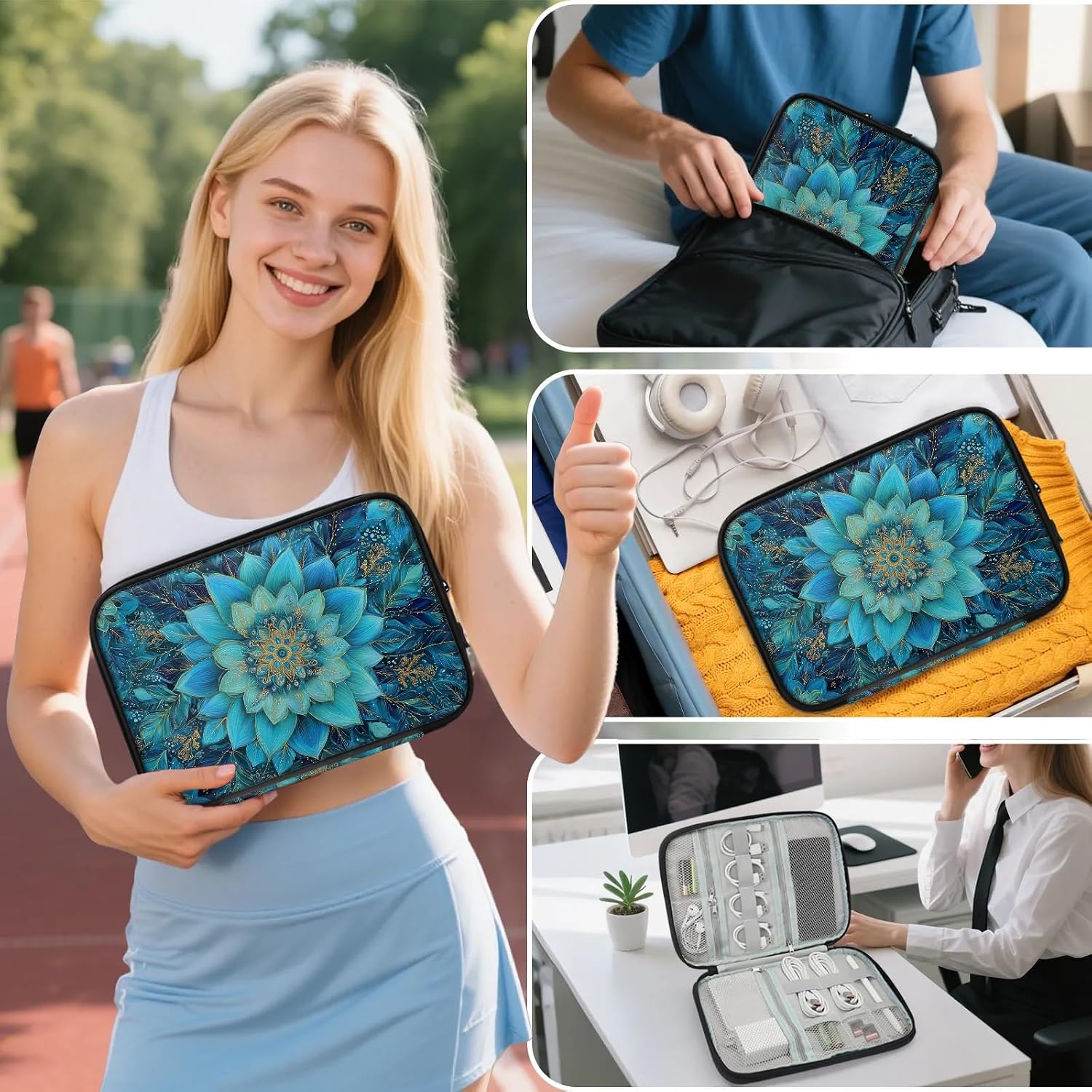 Cable Organizer Teal Mandala Flower Electronics Travel Organizer Case Tech Accessories Pouch Waterproof Cord Storage Bag for Power Bank Charger Phone Earphone