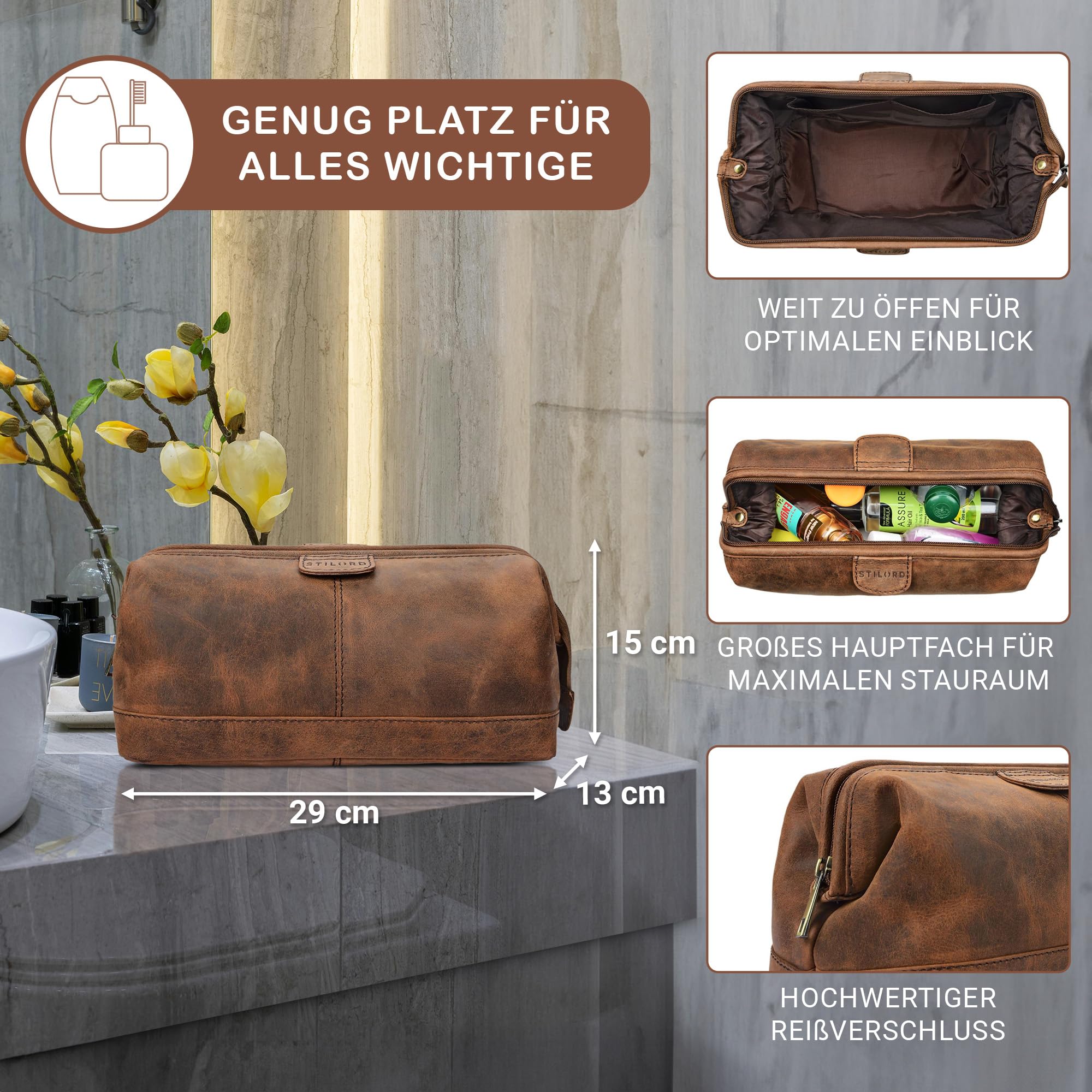 STILORD große Kulturtasche für Männer aus Leder schwarz - Herren Kulturbeutel - Leder Toilettentasche - Vintage Waschtasche für Reisen Laurin