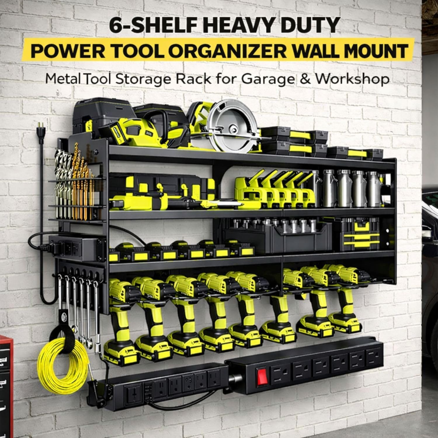 Large Power Tool Organizer Wall Mount, 6-Shelf Heavy Duty Metal Tool Storage Rack with Drill Holder Slots, Side Screwdriver Racks and Hook Bar, Wall Mounted Tool Organizer for Garage Workshop