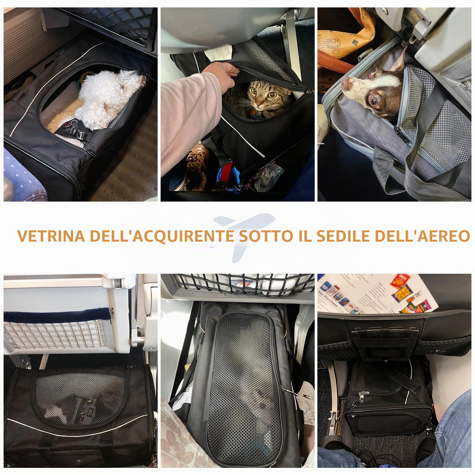 Petsfit Trasportino per Gatti e Cani Traspirante Leggero Trasportino per Cani con 2 Cuscini Lavabile Borsa da Viaggio per Aereo Auto - S/Grigio