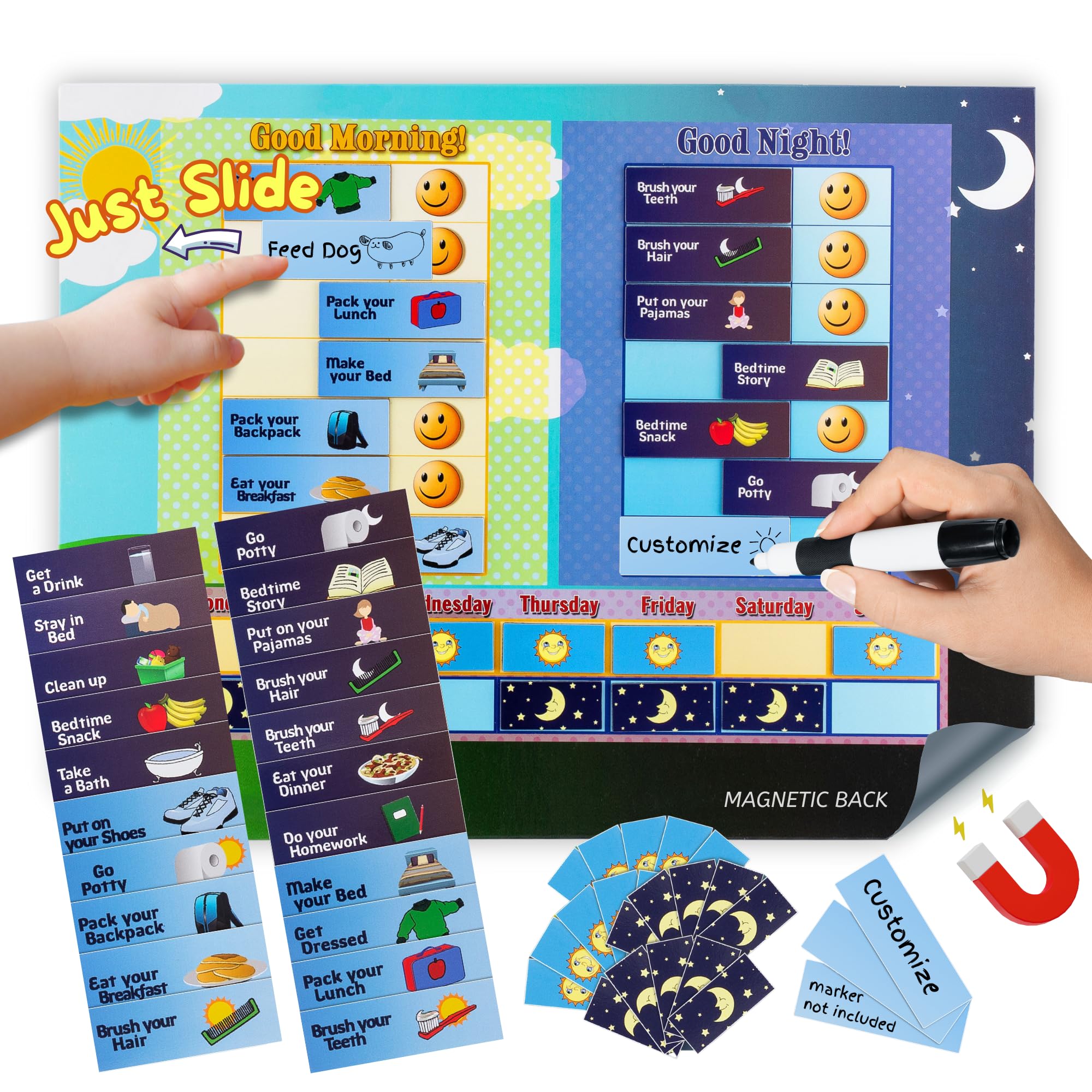 Dry Erase Magnetic Chore Chart for Kids, Toddler Daily Routine Reward Chart, No Mess Daily Morning & Night Task List, Visual Schedule Kids Reward