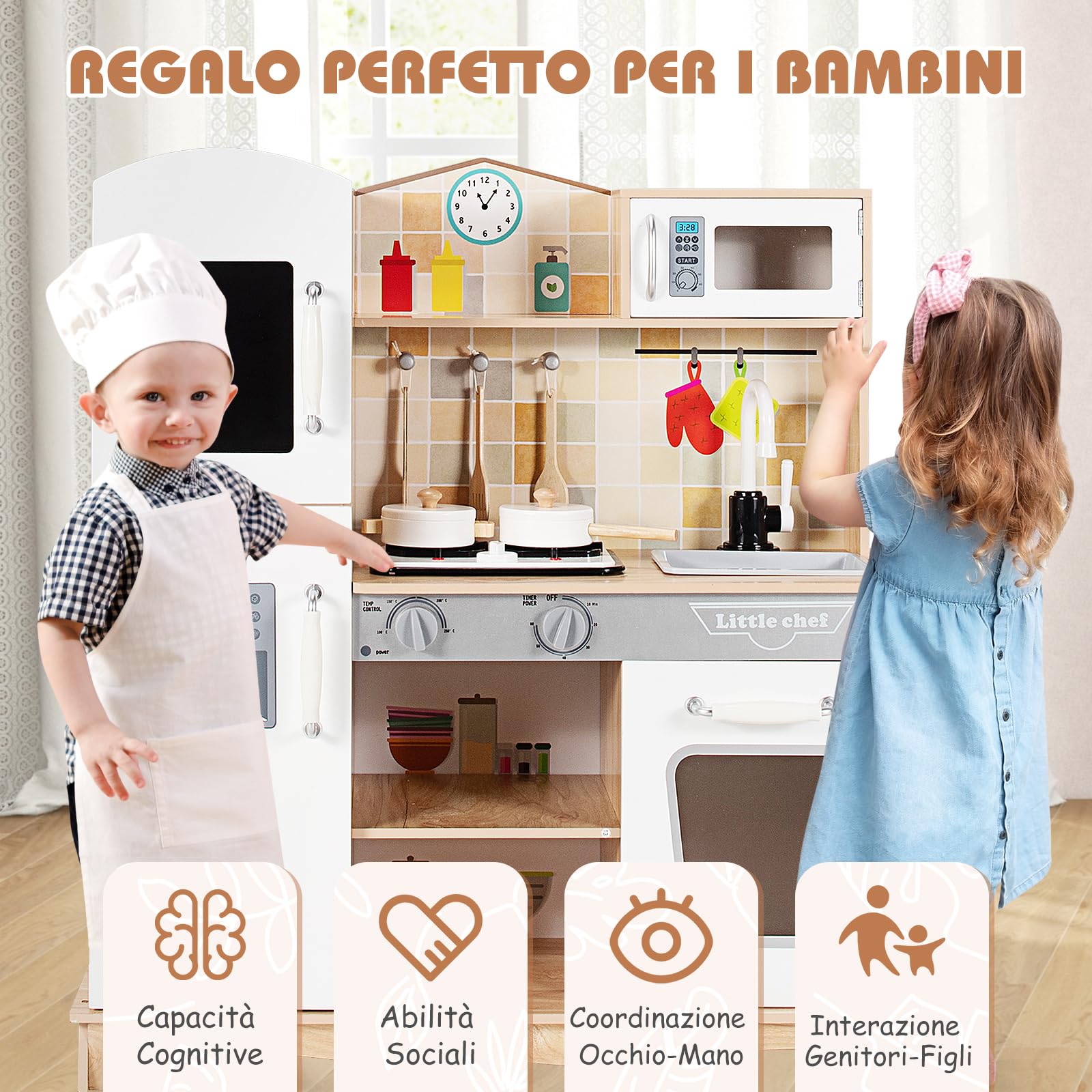 RELAX4LIFE Cucina Giocattolo in Legno per Bambini, Mini Cucina con Utensili da Cucina, Suoni e Luci Realistici, Giocattolo Educativo per Bambini 3+ Anni