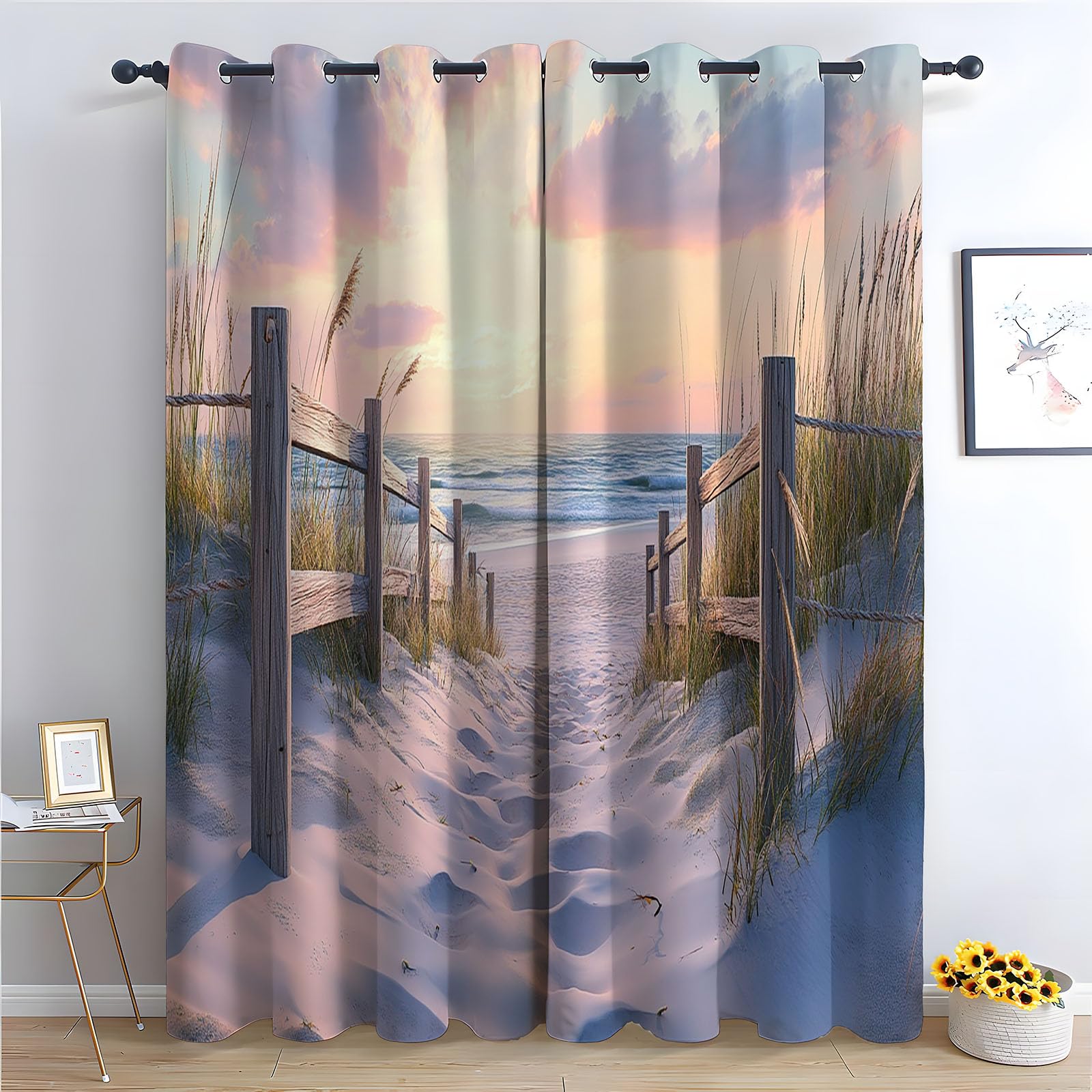 WIKEO Forest Curtains Eyelet Natural Beach Scenery Thermal Insulated 80% Blackout Curtain Print Pattern Room Darkening Window Drapes for Bedroom Living Room-52 W x 96" L (Pack of 2)