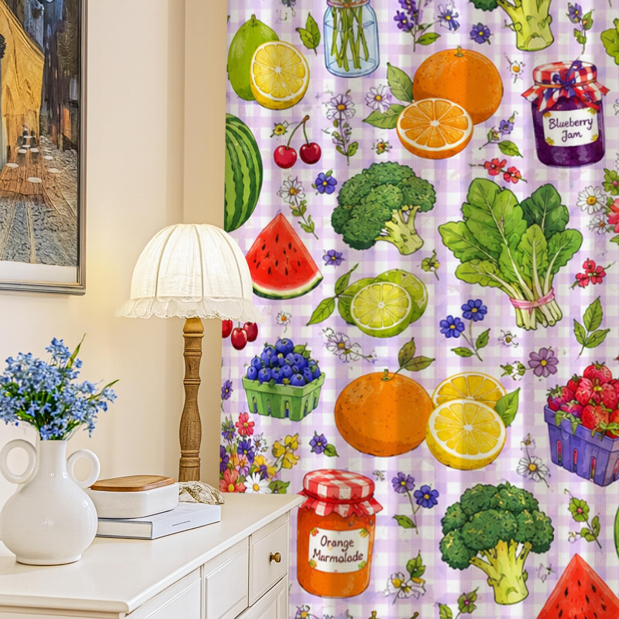 Rideaux occultants pour salon et cuisine avec motifs de fruits et légumes rustiques