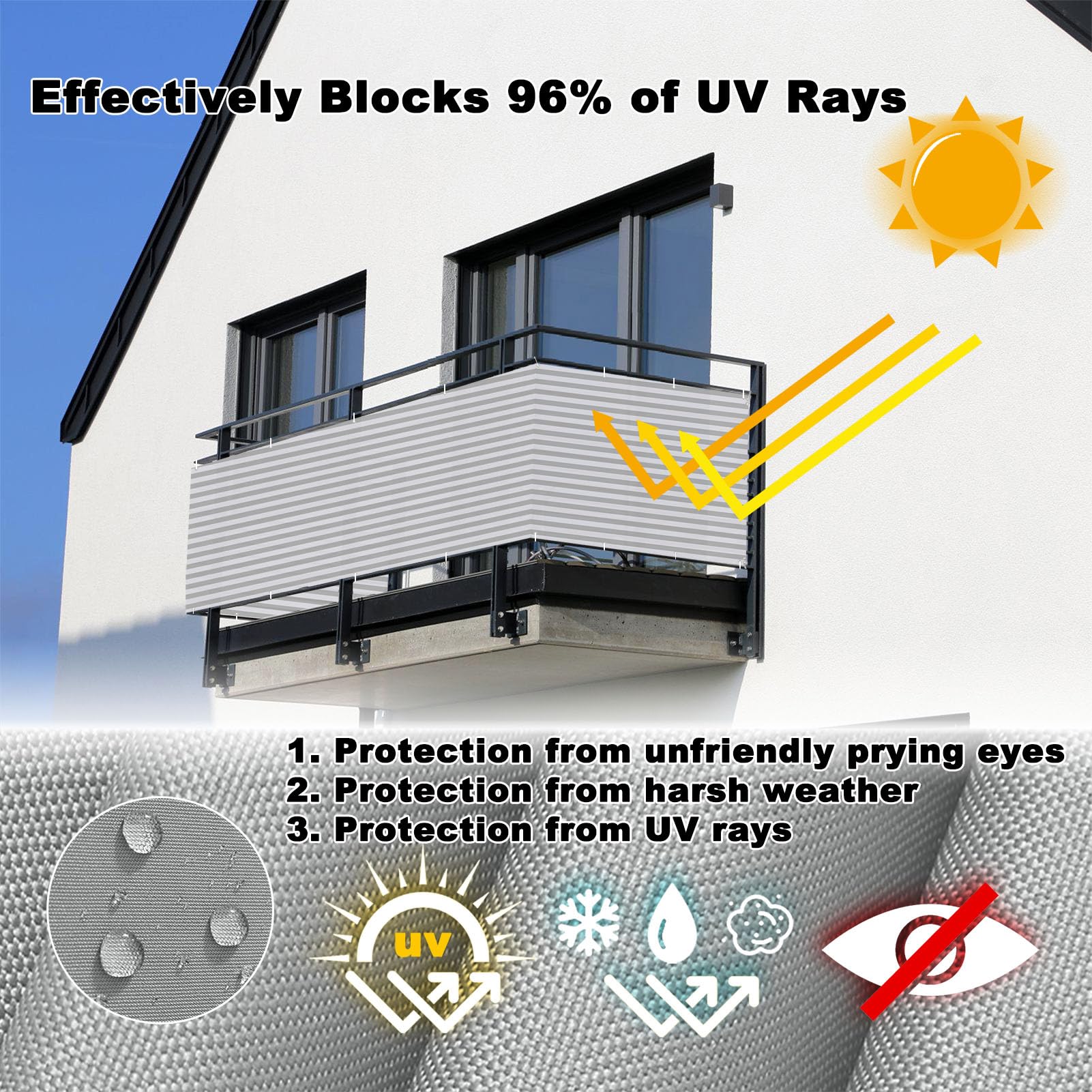 Recinzione da giardino per balcone, 1 m x 10 m, resistente alle intemperie, con protezione UV, occhielli per parabrezza, fascette stringicavo in nylon e rete di protezione a rete, grigio chiaro.