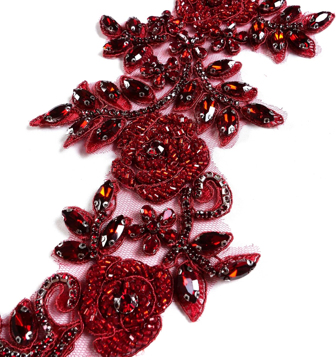 Beaded Rose Flowers &Leaves Rhinestone Pair Applique in Silver White AB Color Black for Prom Dress Belt Arts Crafts Sewing decorat (Wine)