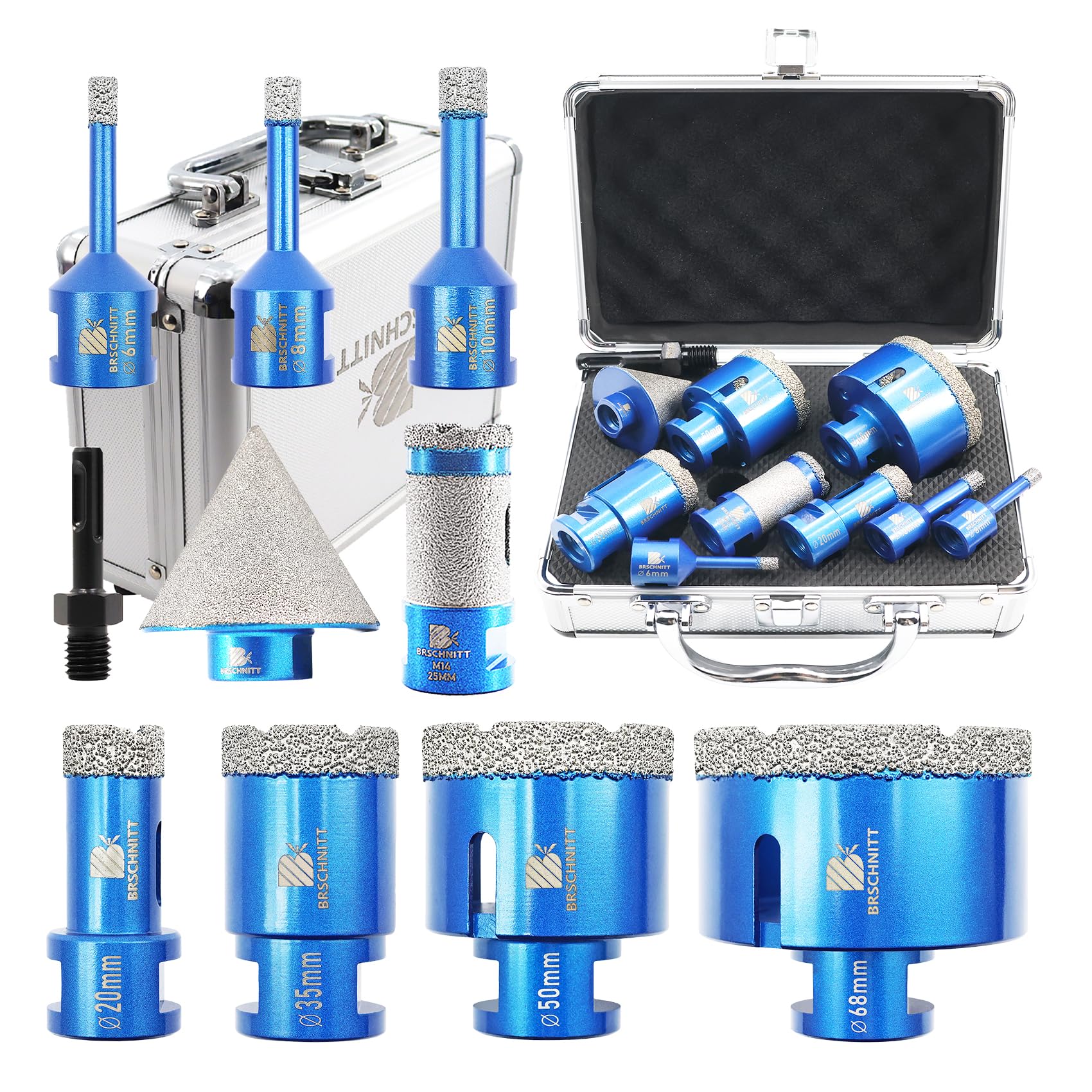 Diamond Core Drill Bit Set for Porcelain Tile Ceramic Marble Granite Drilling,BRSCHNITT 6/8/10/20/35/50/68 & 25mm finger drill bit &50mm diamond chamfer bit with M14 Thread &adapter