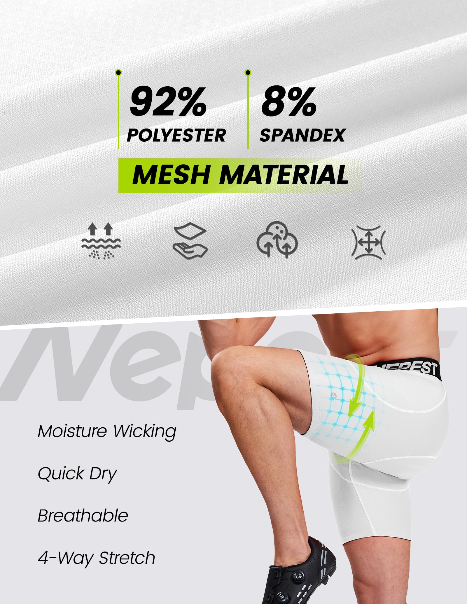 Nepest Pantaloni da ciclismo da uomo, imbottiti 4D, traspiranti, ad asciugatura rapida, a vita larga, lavabili in lavatrice