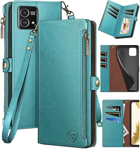 XcaseBar Funda tipo cartera para Moto G Stylus 2023 5G con cremallera y tarjetero de crédito con bloqueo RFID, funda de piel sintética con tapa para