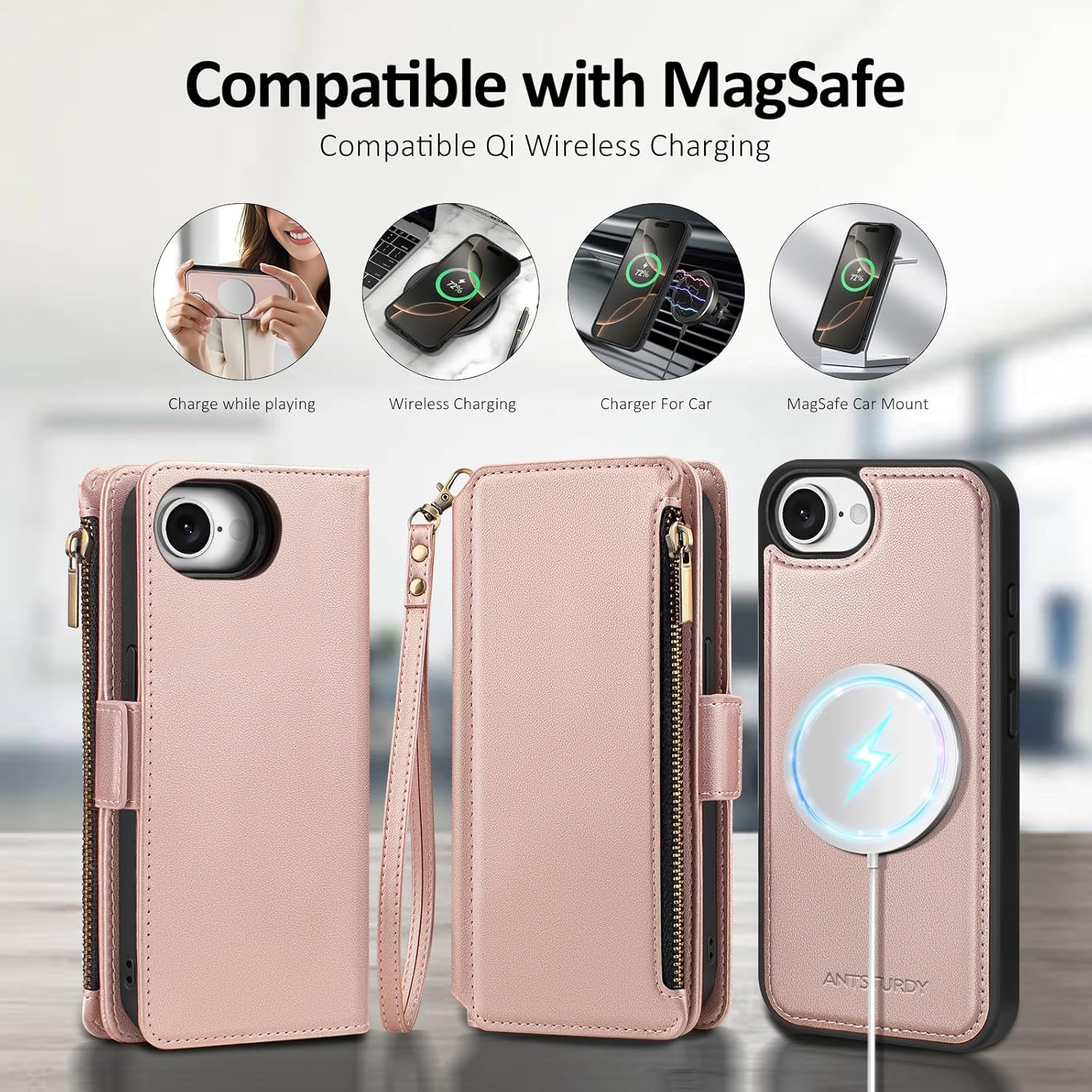 Antsturdy Compatible with Magsafe Magnetic 2 in 1 Detachable iPhone 17e / 16e Wallet Case with Credit Card Holder Slots,PU Leather Flip RFID Blocking Phone Cover Wrist Strap Women Men,Rose Gold