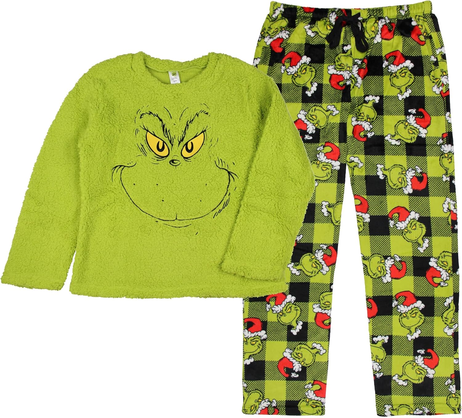 The Grinch Pajama Set Dr. Seuss Women's The Grinch Santa Fleece Buffalo Plaid Sleep Pajama 2 Piece Set Lounge - Image 7