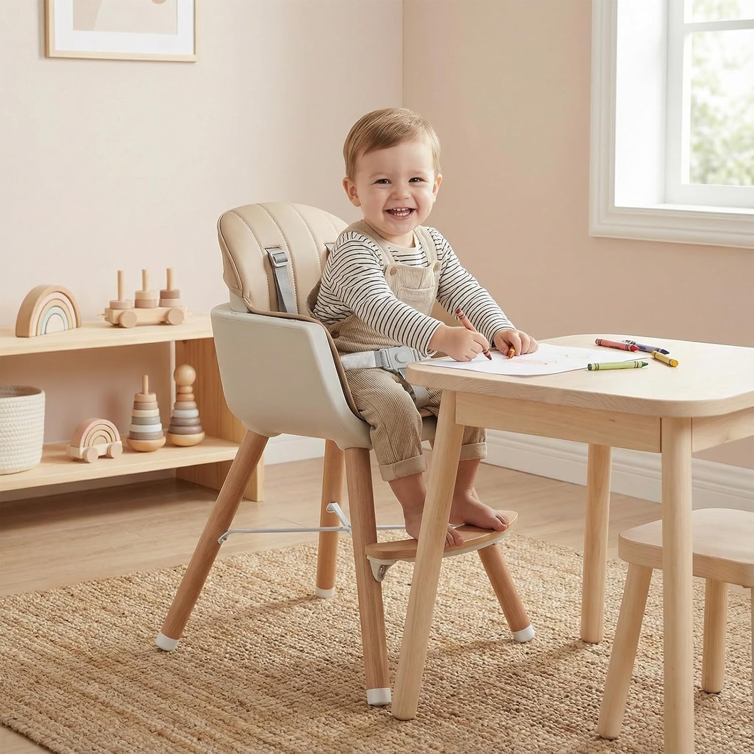 HONEY JOY Baby High Chair, 6-in-1 Eat & Grow Wooden Highchair/Toddler Chair with Removable Tray, 5-Point Harness, PU Cushion and Footrest, Convertible High Chair for Babies and Toddlers(Dark Beige)