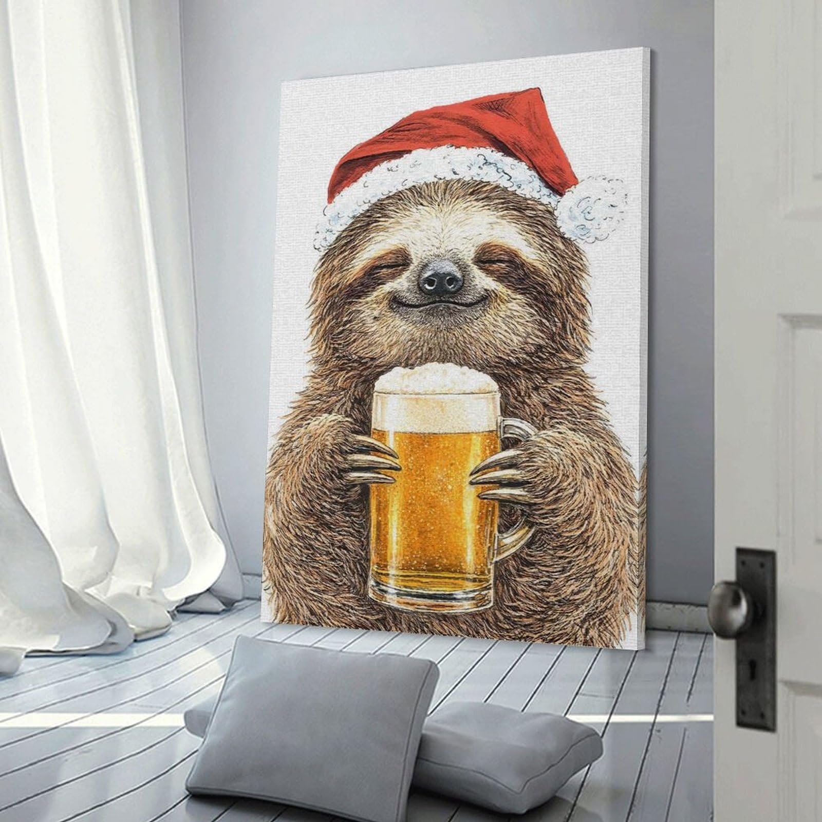 Junmoney Canvas Wall Art Sloth in Santa Hat with Beer, 08x12inch(20x30cm), for New Homes, Bedrooms Or Workspaces, Canvas Artwork with Gifting Potential