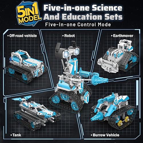 Miniatura 6 de Kit de construcción de robot 5 en 1, proyectos educativos de control remoto y aplicación, 706 piezas de automóviles de tanque y jardín para niños y