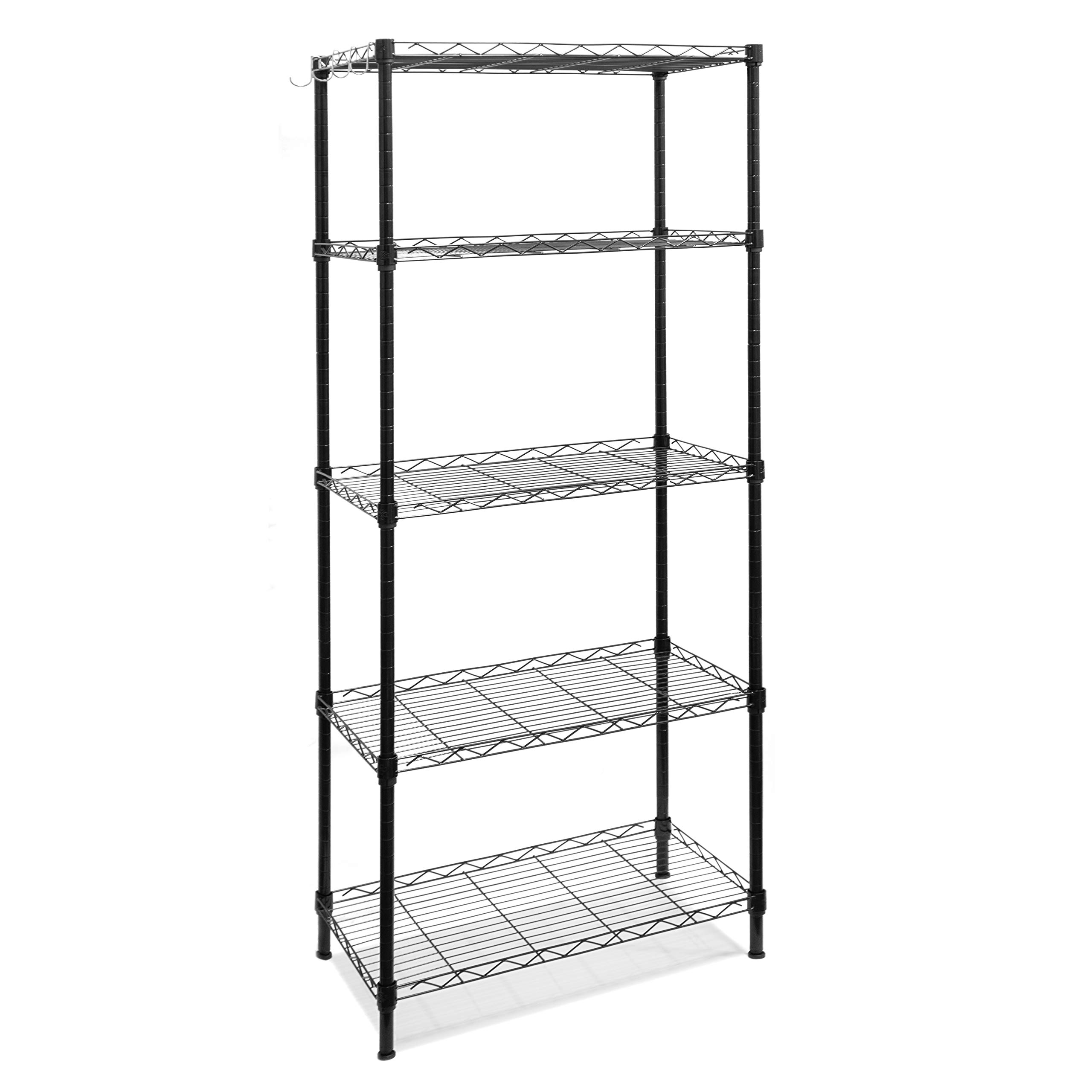 OSGP 5 Shelf Storage Rack Heavy Duty Metal Organizer Storage Shelf Adjustable Wire Rack Steel Organizer with Leveling Feet, Hooks and Wire Shelf Liners, Black(23.6L x 12.6W x 59.1H)