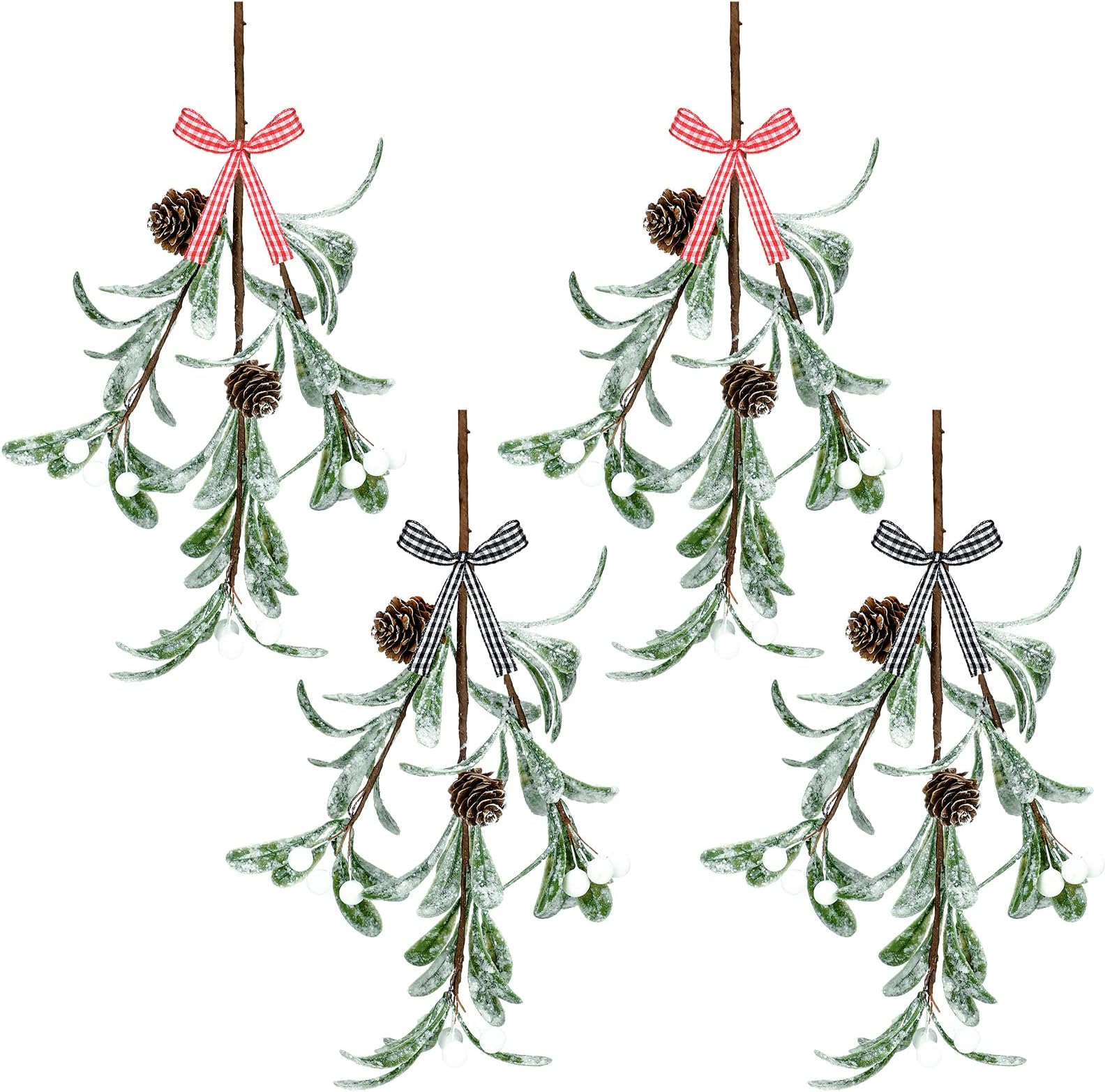 Christmas Mistletoe Decoration Hanging 4 Pcs Plaid Bow Mini Berries Pine Cone Mistletoe Christmas Decor Artificial Mistletoe Floral Pick Mistletoe Ornament for Floral Arrangement Xmas Tree Wreath