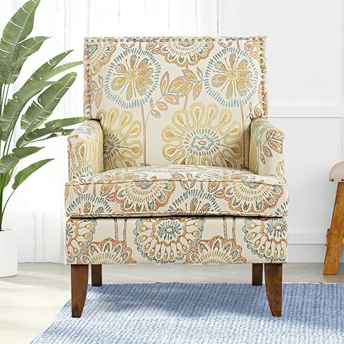 Miniatura 4 de Sofá con acento floral, silla con respaldo alado, cómoda silla de club, silla individual tapizada con brazos de lectura para sala de estar y Beige