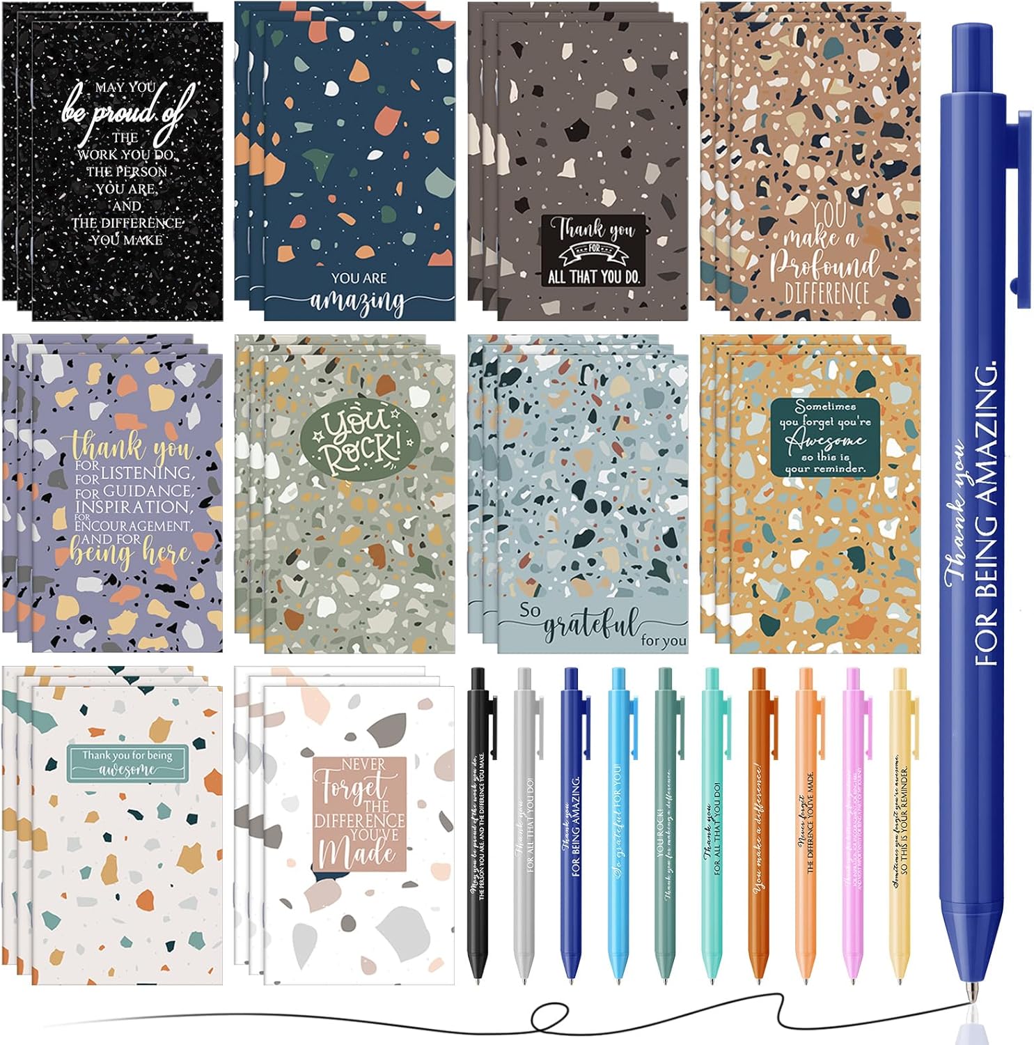 PerKoop 50 Sets Employee Appreciation Gift Mini Pocket Notebook with Pens Bulk Motivational Thank You Gift Inspirational Marbling Notepad with Colorful Pens for Social Worker Volunteer Coworker