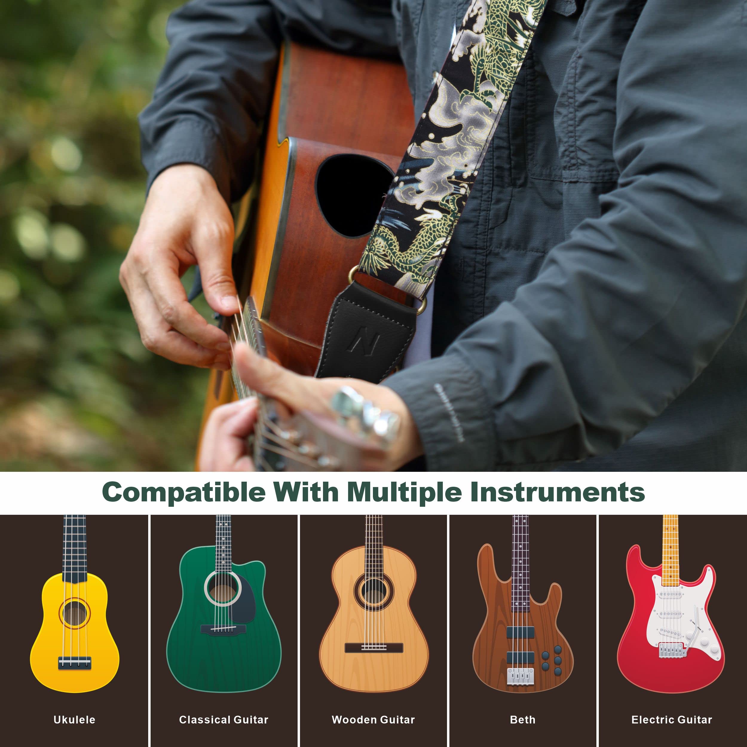 Nefelibata Japanese Cotton Guitar Strap for Acoustic Guitar Ukulele, Free Headstock Strap Adapter with Buckle - Image 4