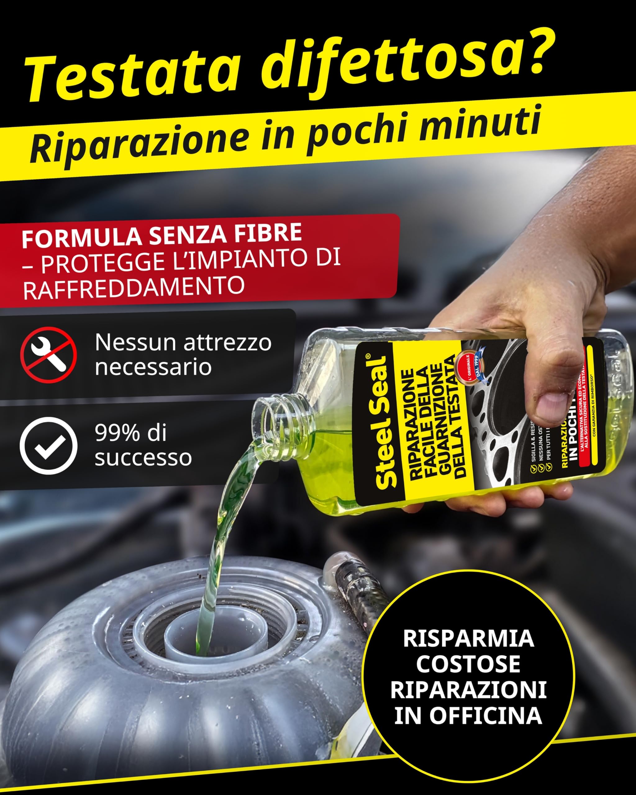 STEEL SEAL Sigillante guarnizione testata – Ripara la guarnizione, ferma la perdita di liquido refrigerante e previene danni al motore senza officina – Adatto a tutti i motori raffreddati ad acqua