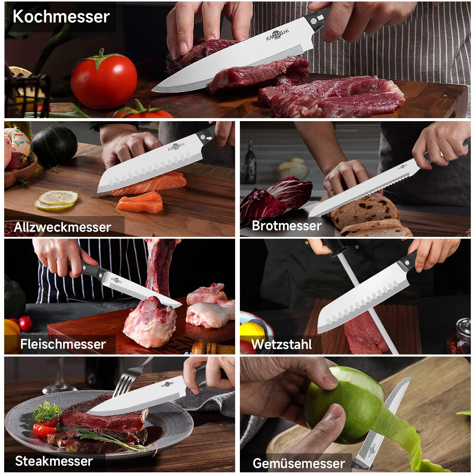 KAZUSHI Messerblock Set 19-teiliges Edelstahl Kochmesser Set mit Holzblock | Profi Küchenmesser set, Küchenset, Geschenke Scharfe