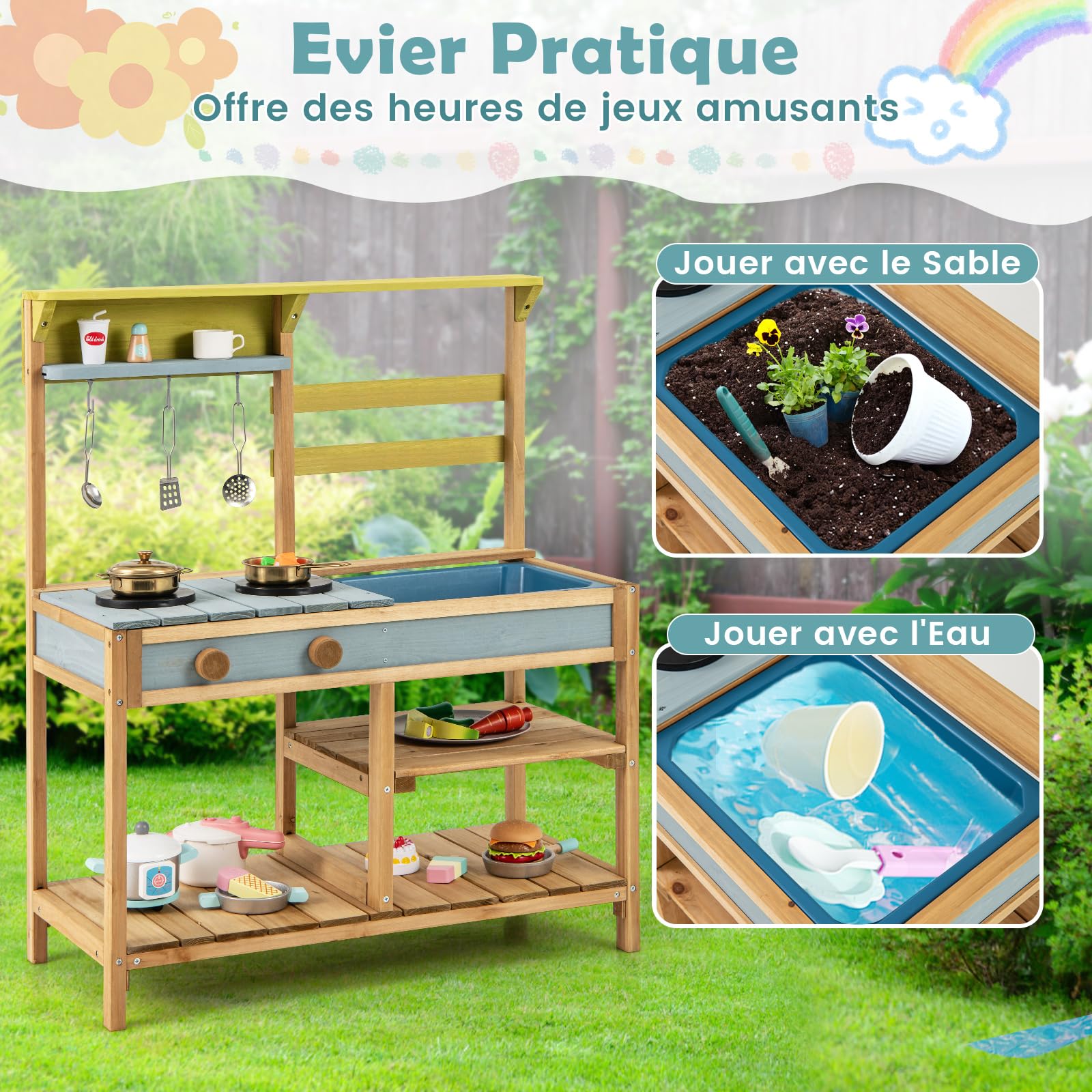COSTWAY Cuisine Extérieure Enfant avec Évier & Poêles Doubles, Cuisine de Boue en Bois de Sapin avec Bouton Rotatif, Étagère de Rangement, Cuisine Boueuse pour 3 Ans+, 75 x 36 x 92 cm