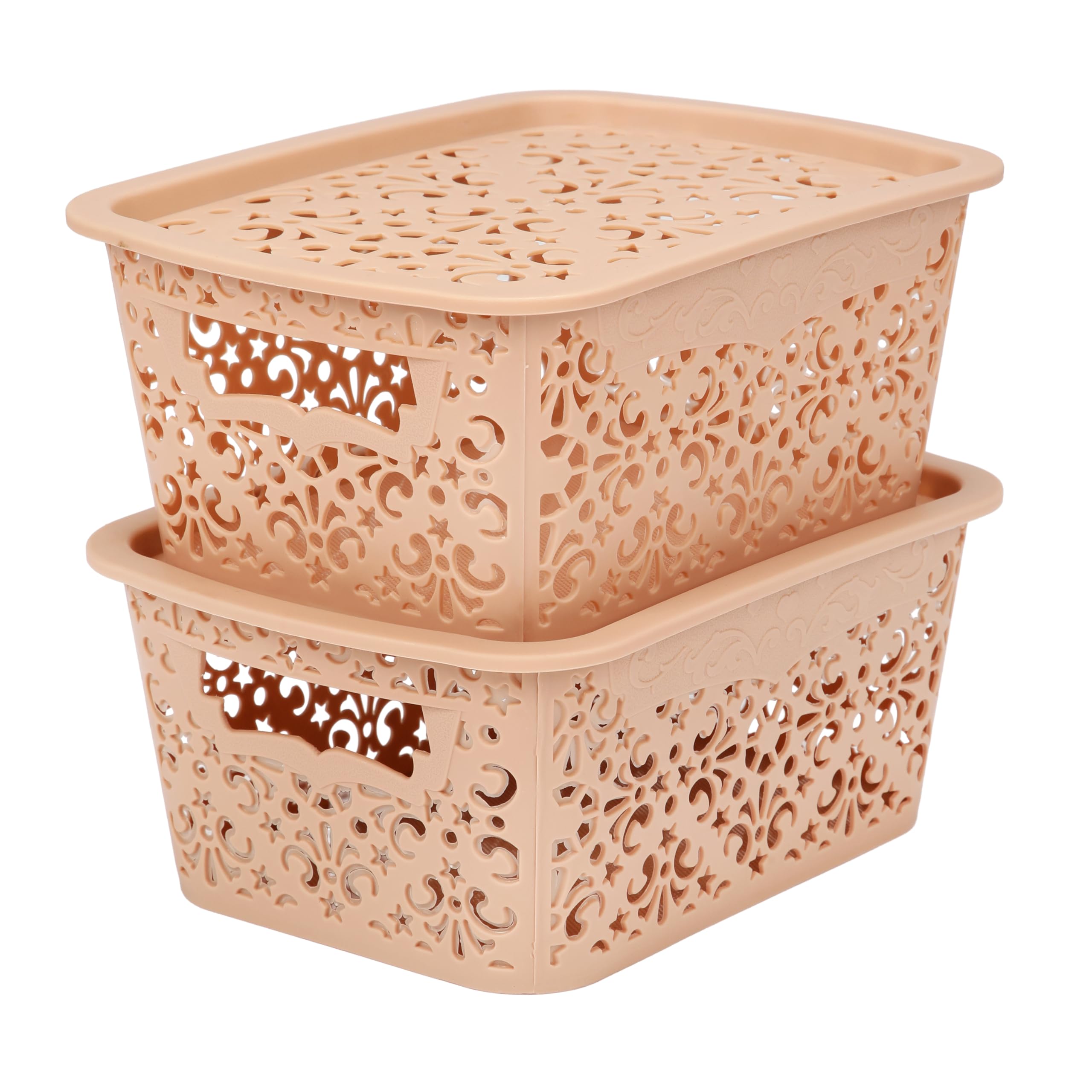 Cutting EDGE Plastic Storage Turkish Baskets with Lid Set of 2 Storing Fruit Vegetable Toys, Kitchen Bathroom Stationary Tools (Beige, Small)