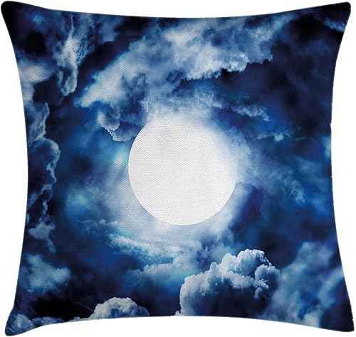 Ambesonne Funda de cojín espacial, luna en el cielo rodeada de nubes de tormenta, imagen mágica lunar, crepúsculo oscuro, amanecer niebla,