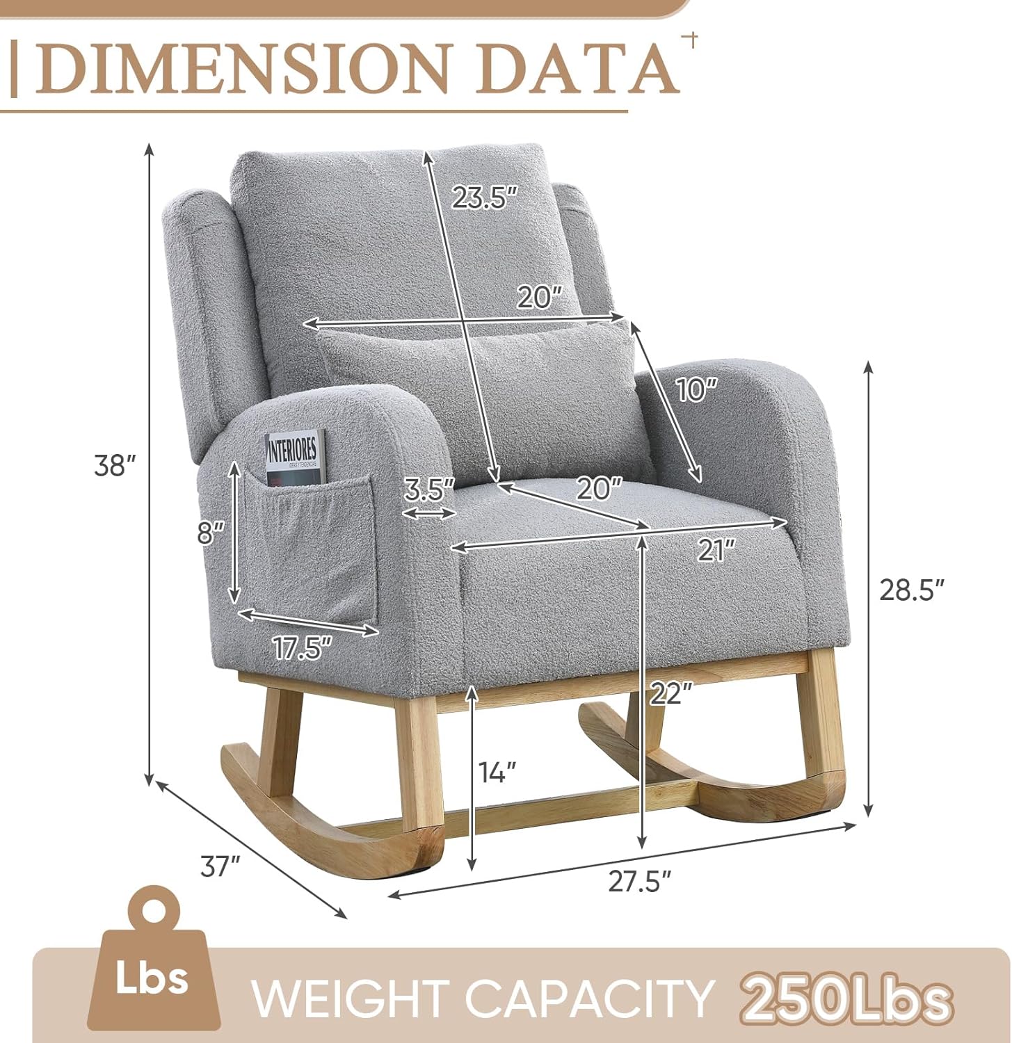 JEEOHEY Rocking Chair for Nursery, Teddy Upholstered Wingback Rocking Chair, Accent Glider Rocker with Comfy High Back Curved Armrest Lumbar Pillow for Living Room, Bedroom, Grey