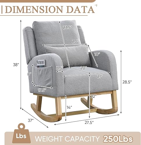 Miniatura 2 de Mecedora para guardería, mecedora tapizada con respaldo alado, mecedora con respaldo alto cómodo, reposabrazos curvado, almohada lumbar para sala de