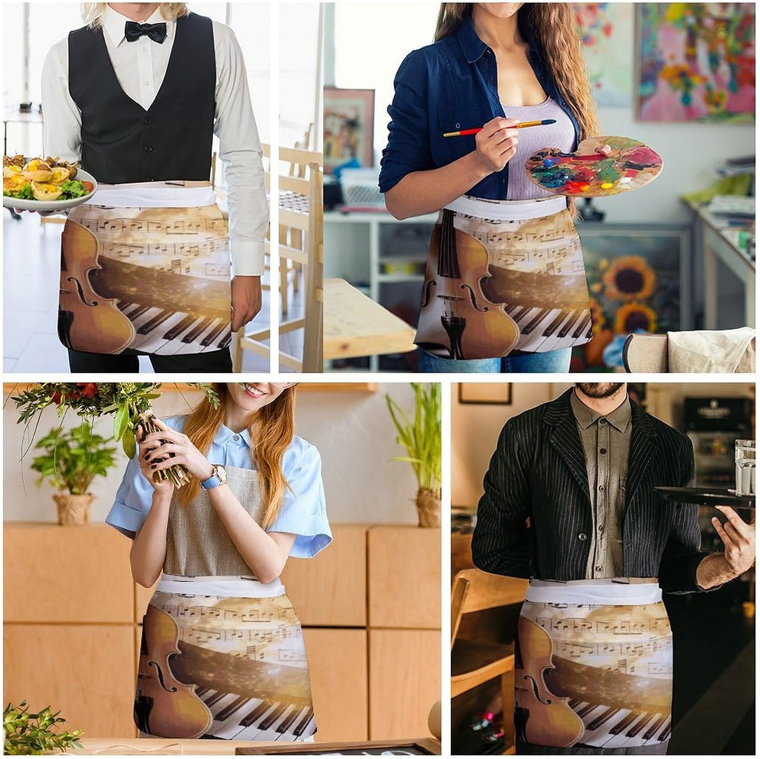 Piano Violin Music Notes Waist Apron Half Apron with 3 Pockets image 5