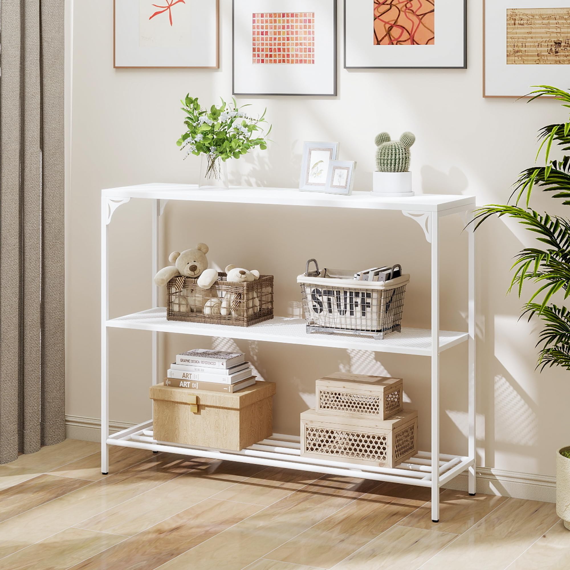 HDANI Consolle Ingresso,Tavolo Console con 2 Ripiani di Rete Metallica,Tavolino da Divano, Corridoio,Entrata,Soggiorno,100 x 30 x 80cm,Stile Industriale,Bianco