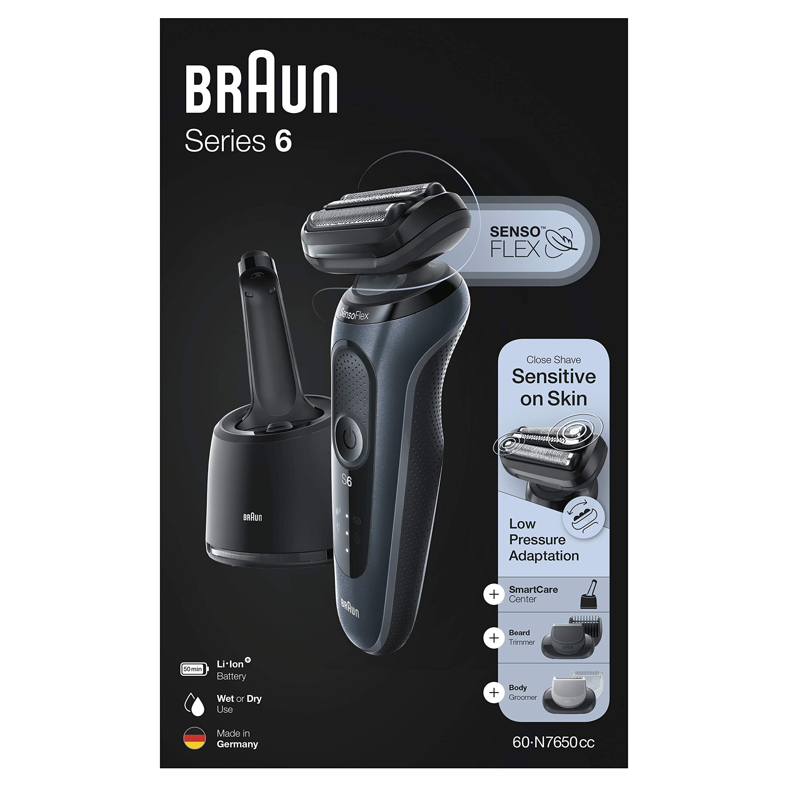 Braun Series 6 60-N7650cc Afeitadora Eléctrica Hombre de Lámina para Barba, con Centro de Limpieza SmartCare, Recortadora Barba, Depiladora Corporal, Uso en Seco y Mojado, Recargable, Inalámbrica,Gris