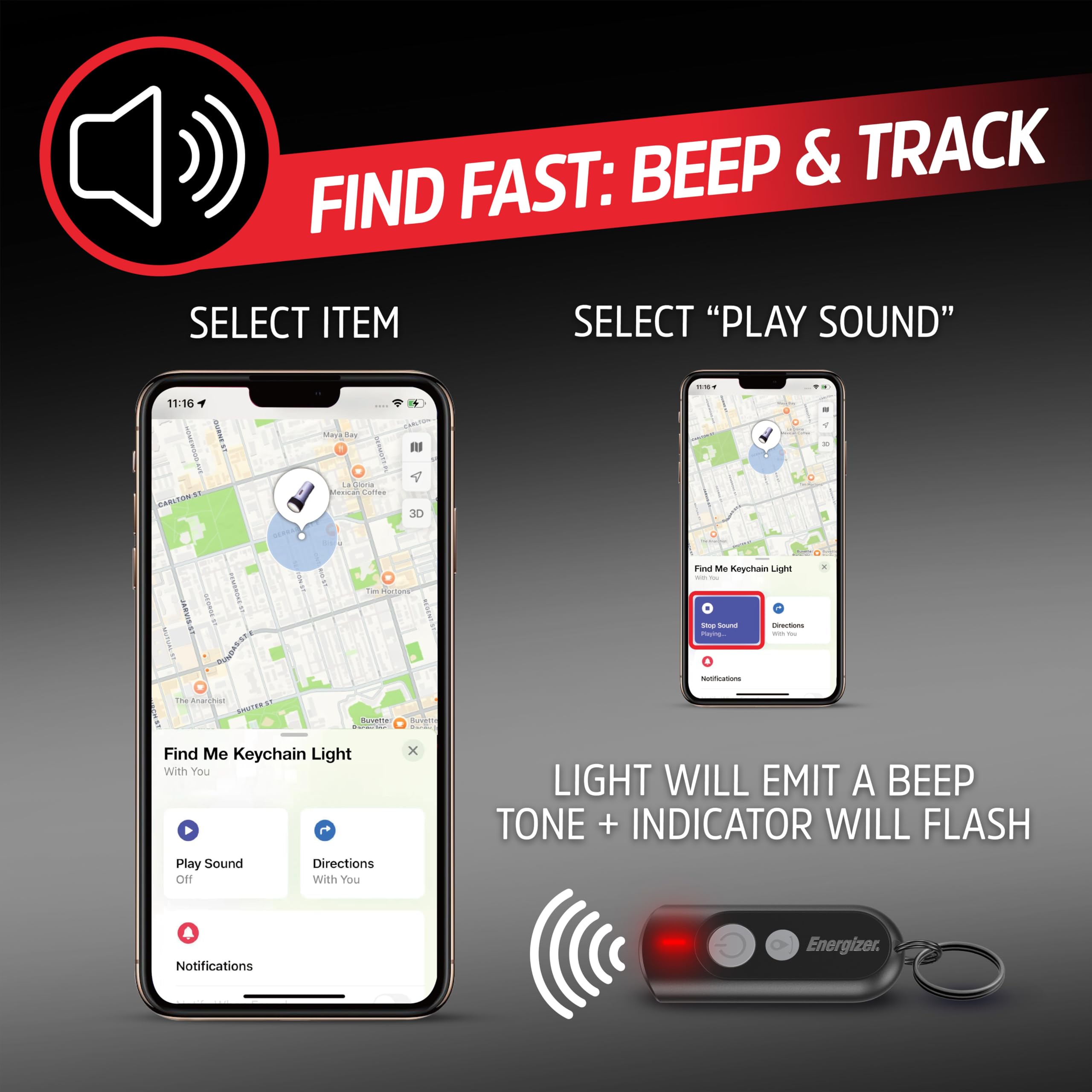 Energizer Localisateur de clés Find My Key Finder avec lumière, Bluetooth - Compatible avec Apple Find My, localisateur d'articles pour clés, Sac et Sac à Dos