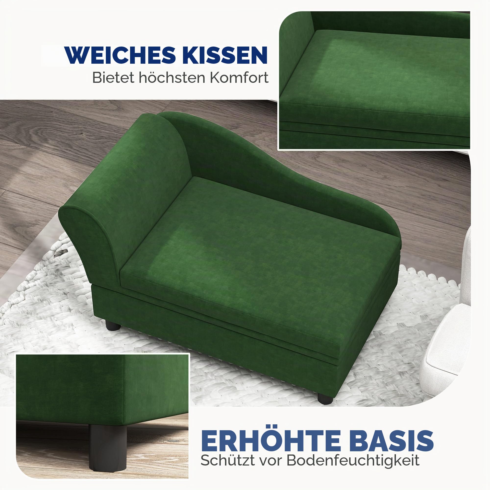 PawHut Sofa für Hunde und Katzen, auf Fuß, mit Aufbewahrungsbox, moderner Stil, abnehmbares Sitzkissen, hoher Komfort, 76 x 45 x 43 cm, Grün