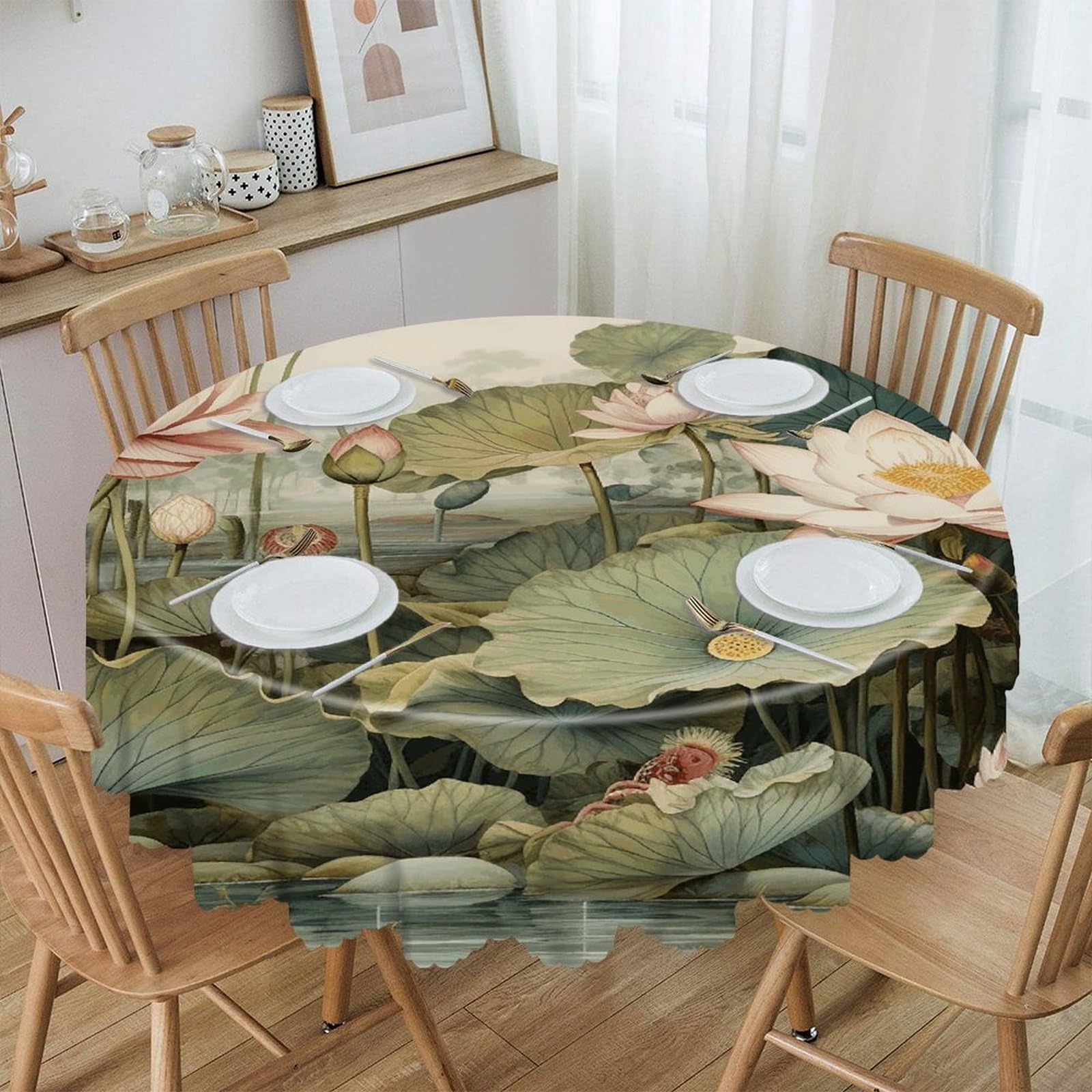 Btcowzrv Style Hand Drawn Flower Polyester Round Tablecloth 59.84 Inch, Decorative Washable Table Cover, Table Cloth For Restaurant Picnic Indoor And Outdoor Dining
