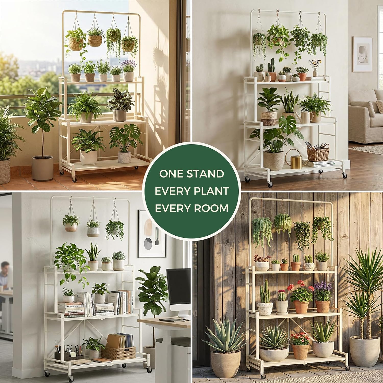 Plant Stand, 4-Tier Foldable Plant Shelf with 3 Shelves and Hanging Rod, Rolling Plant Stand with Wheels, No Assembly Flower Pot Stand for Indoor Outdoor, Sturdy Anti-Tip Plant Rack (Cream White)