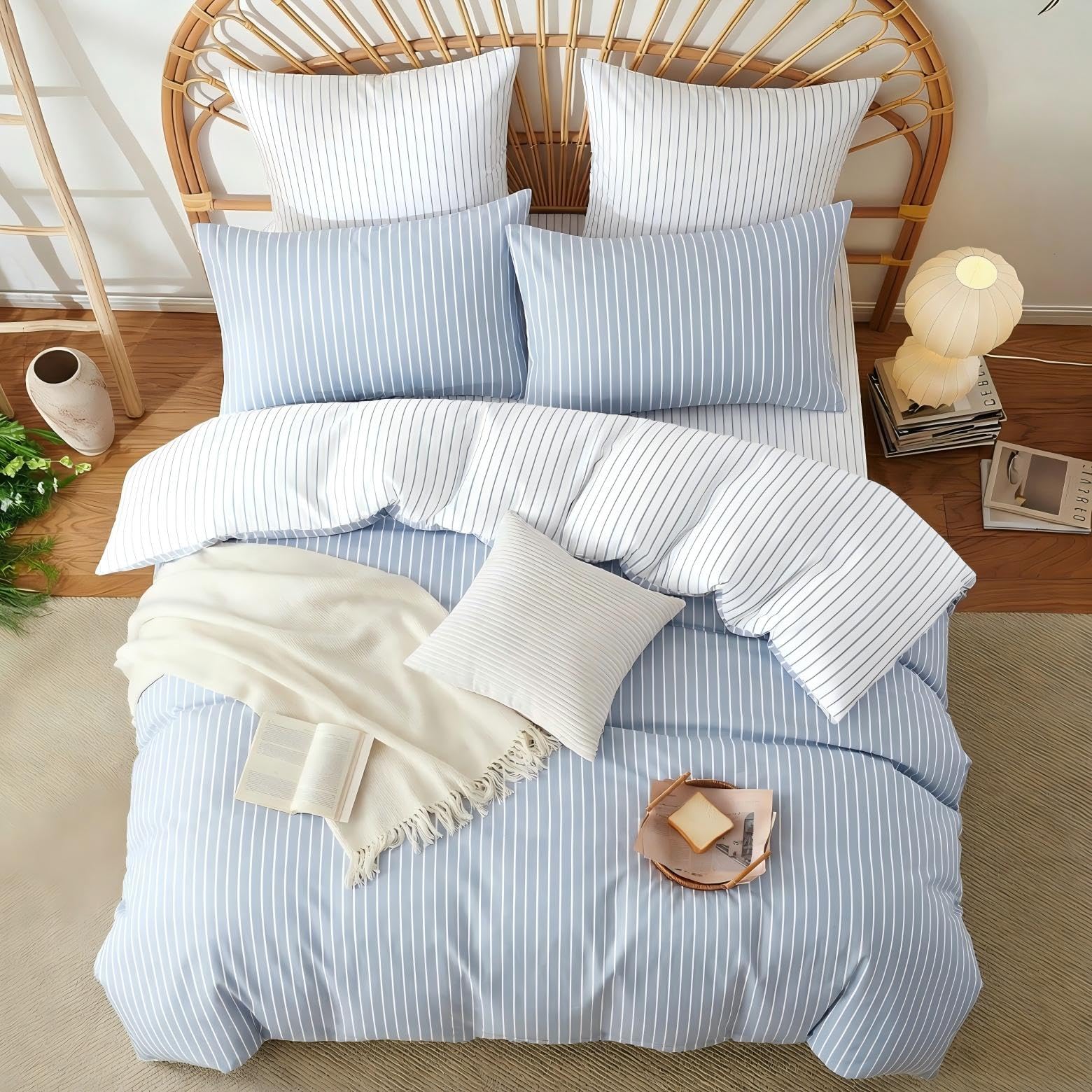 Freyamy Gestreifte Bettwäsche 155x220 Baumwolle Blau Weiß Gestreift Bettwäsche-Sets Aesthetic Streifen ÖKO-TEX Bettbezug 155x220 Deckenbezug mit Reißverschluss und 1 Kissenbezug 80x80cm