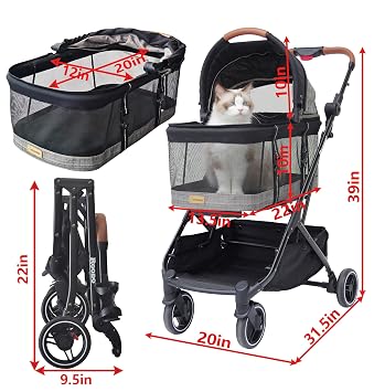 ROODO 2026 Upgraded Version 3-in-1 Dog Cat Stroller with Detachable Carrier Folding Lightweight Portable Travel Pet Gear All-Terrain Puppy Doggie Kitty Bunny Stroller for 35 lbs(Grey Lattice)