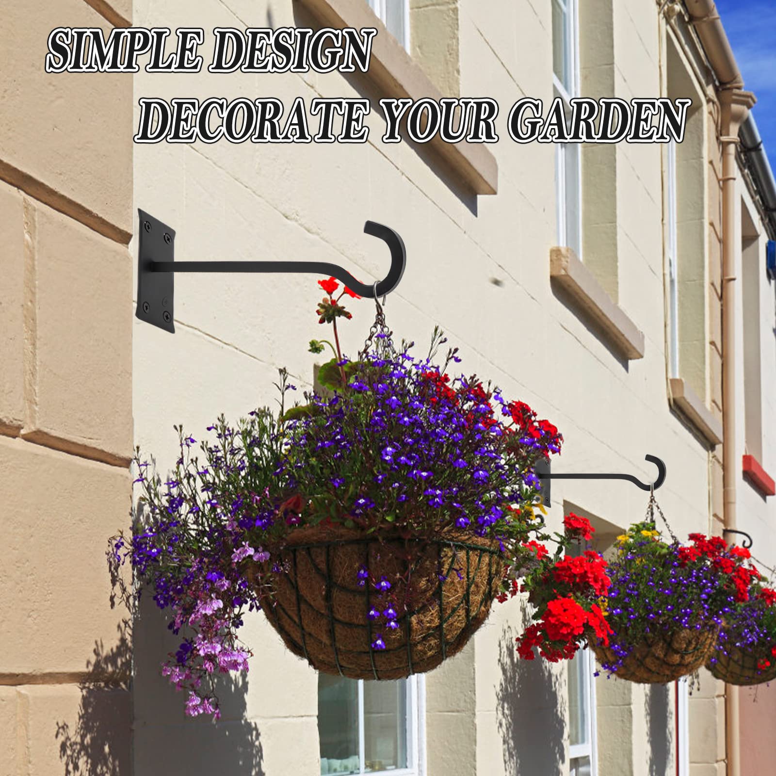 QIEGL 10 inch Heavy Duty Hanging Plant Bracket Decorative Shepherds Hook 2 Pack Black Wall Plant Hanger for Hanging Lantern, Flower Basket, Bird Feeders, Mason Jars, Hanging Solar Lights