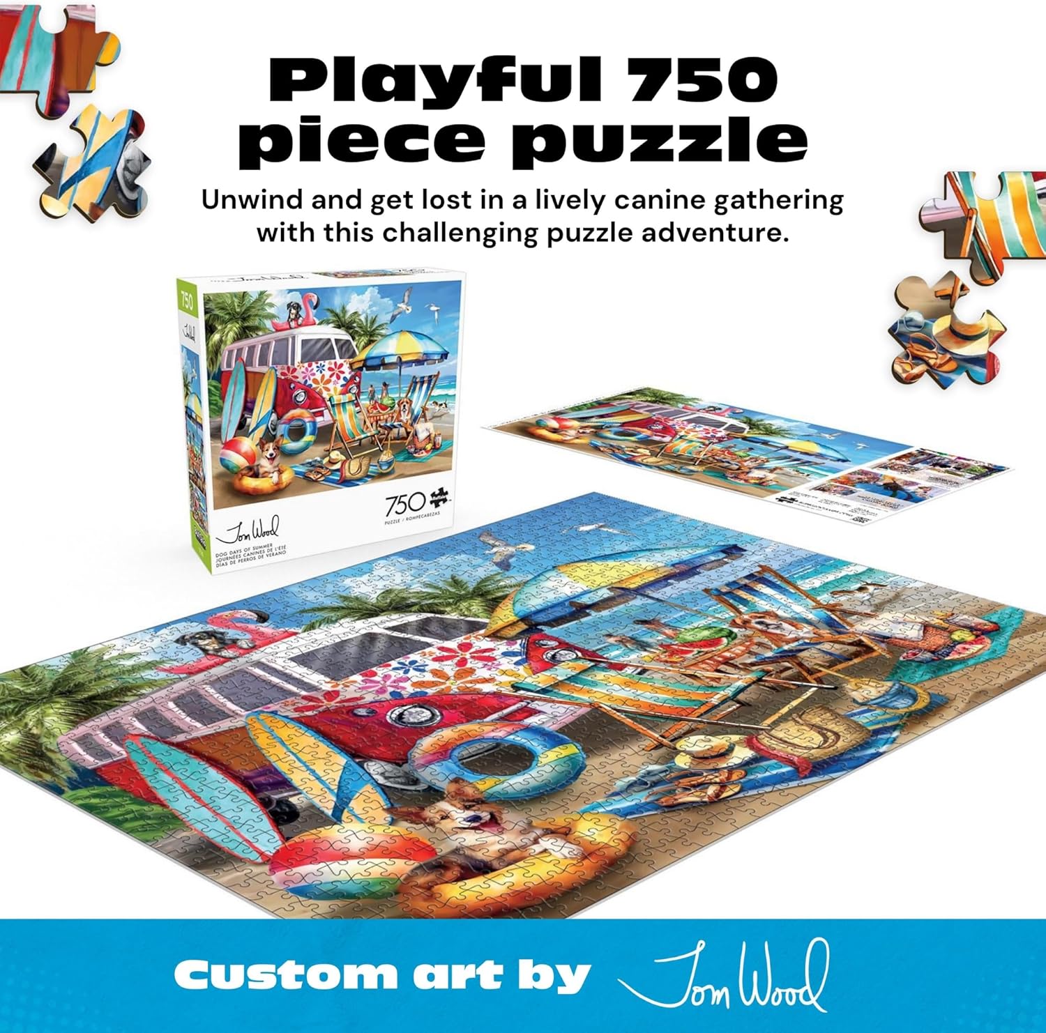 Buffalo Games – Dog Days of Summer by Tom Wood 750 Piece Jigsaw Puzzle for Adults – Precision-Cut Pieces, Beautiful Artwork, and Hours of Relaxing Fun - Relaxing Beach Day with The Family Pet