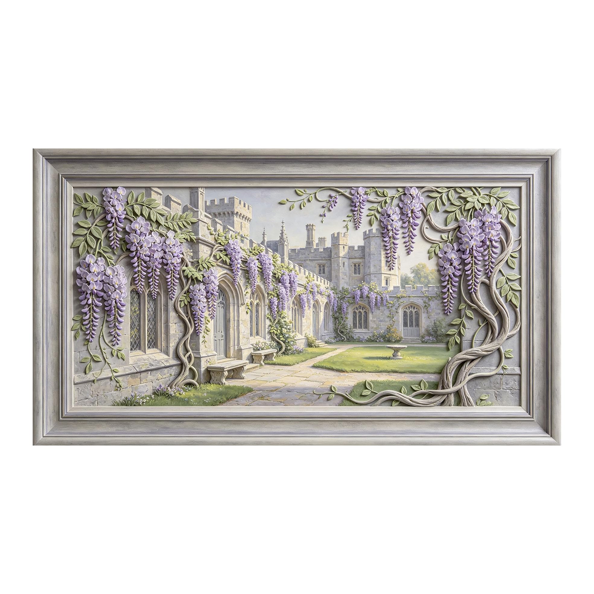 Murasolite 3D Framed Wall Art European Classic Courtyard Wisteria Floral Relief Effect SelfAdhesive Fabric Mural Wall Decor,No Damage to Wall,AntiFall Safe Design for Bedroom Living Room